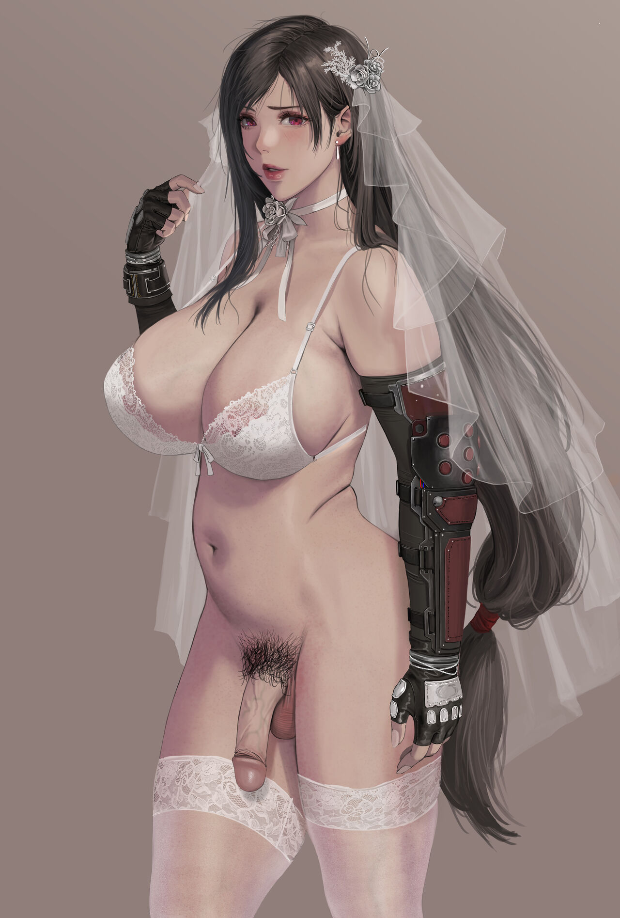 1futa, areolae, balls, big breasts, big penis, black hair, bottomless, bra, breasts, clothed, clothing, elbow gloves, final fantasy, final fantasy vii, futa only, futanari, gloves, human, intersex, janggun, light skin, light-skinned futa, long hair, mostly nude, nipples, no panties, pale skin, penis, ponytail, solo, standing, thighhighs, tifa lockhart, wedding dress, wedding veil