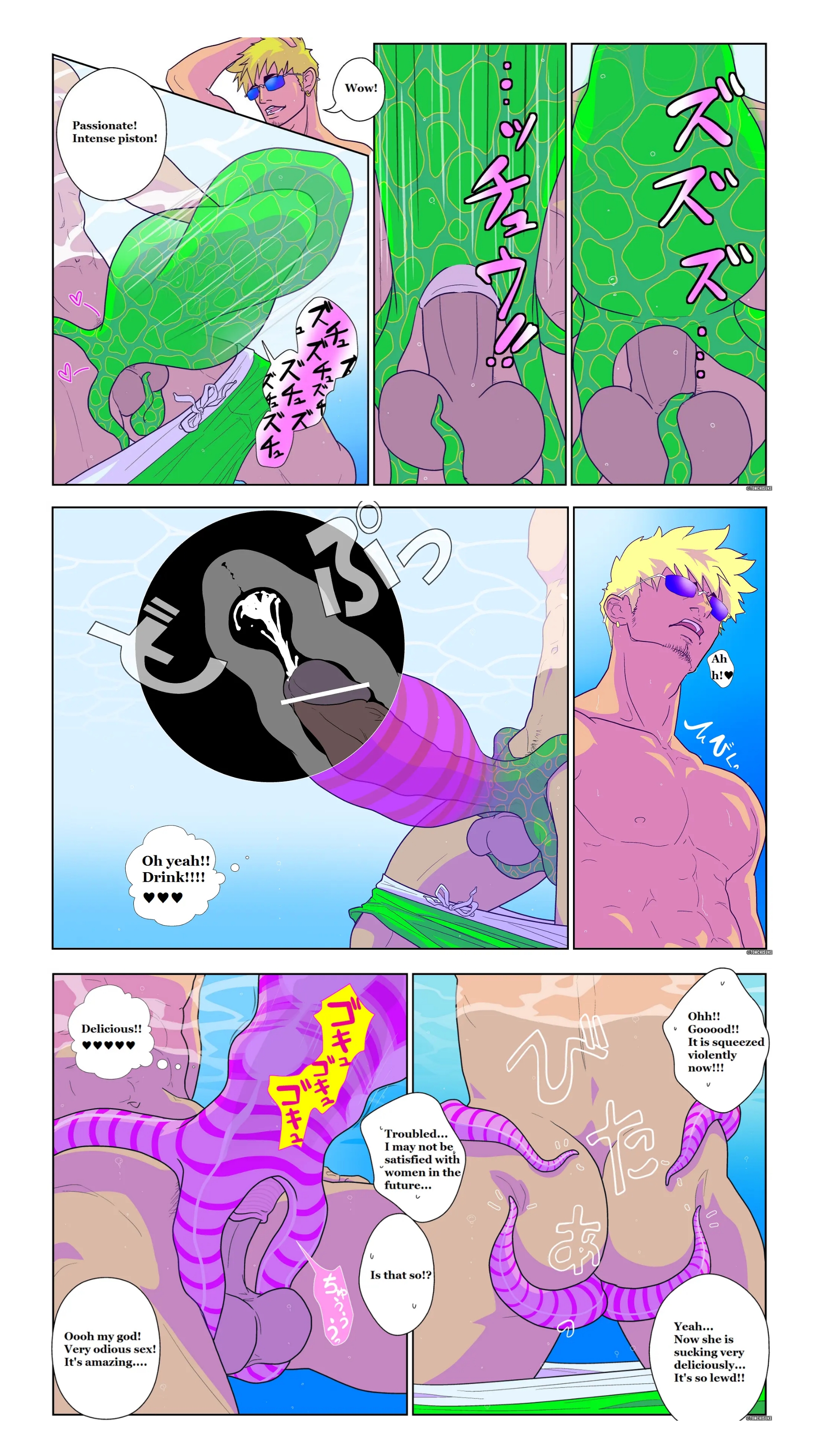 !, <3, 1boy, 1monster, abs, ass, ass grab, balls, bara, beach, big balls, big chest, big pecs, big penis, blonde hair, blowjob, butt grab, chest, comic, comic strip, cum, cum inside, cumshot, dark skin, dick, english, english dialogue, english text, erection, fellatio, fellatio from feral, female, female feral, feral, feral on human, fertilization, heart, hi res, human, human on feral, human penetrating, human penetrating feral, humanoid penis, implied heterosexuality, japanese text, light skin, living fleshlight, living onahole, male, male focus, male only, massive penis, muscles, muscular, muscular male, nipples, octopus, onahole, onahole parasite, orgasm, original, original artwork, original character, parasite, pecs, penis, penis milking, pubic hair, speech bubble, stated heterosexuality, sucking, swimwear, tan skin, tentacle, tentacle monster, tonchisuke, water, wet, x-ray, yaoi