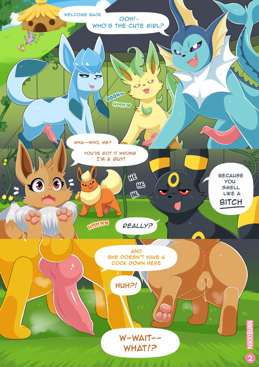 eevee eeveelution female feral genitals glaceon grass group hi_res hut jolteon leafeon male male/female nikkibunn nintendo penis plant pokemon pokemon_(species) smug speech_bubble surprised_expression umbreon vaporeon video_games