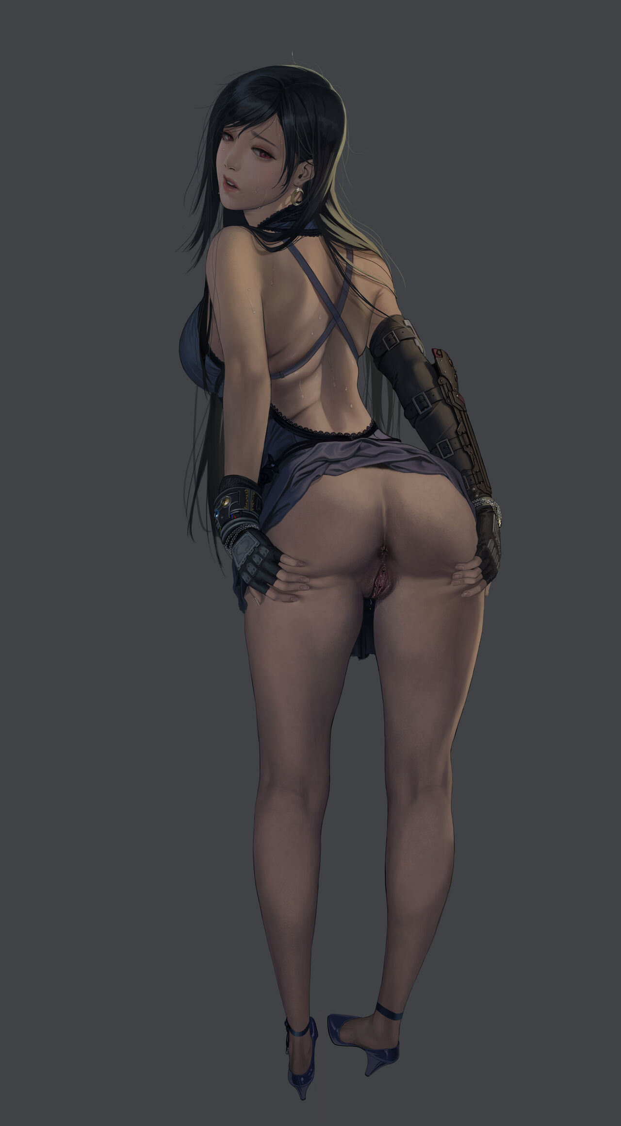 ass, back view, big ass, big breasts, blue dress, breasts, female, final fantasy, final fantasy vii, janggun, no panties, pussy, spread ass, spread pussy, spreading, tifa lockhart, tifa lockhart (refined dress)