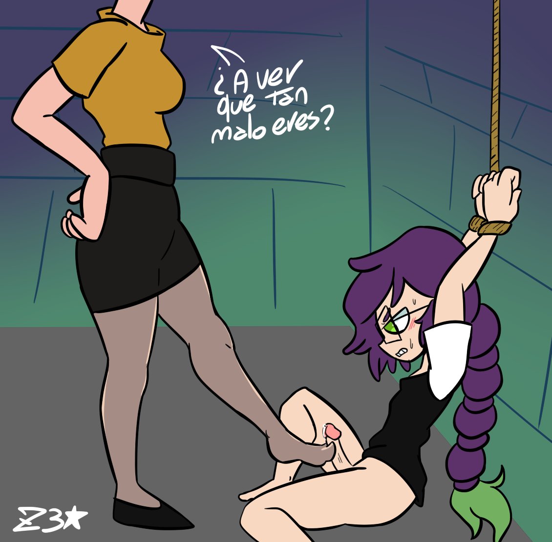 1boy 1girls bondage bound_wrists clothed dominant dominant_female femdom fhs fhsz3r0 fnafhs fnafhs_bondage fnafhs_z3ro fnafhsrule34 footjob footjob_with_legwear lana_(fnafhs) malesub owynn_(fnafhs) penis spanish_text submissive submissive_male tied tied_hands tied_up z3star