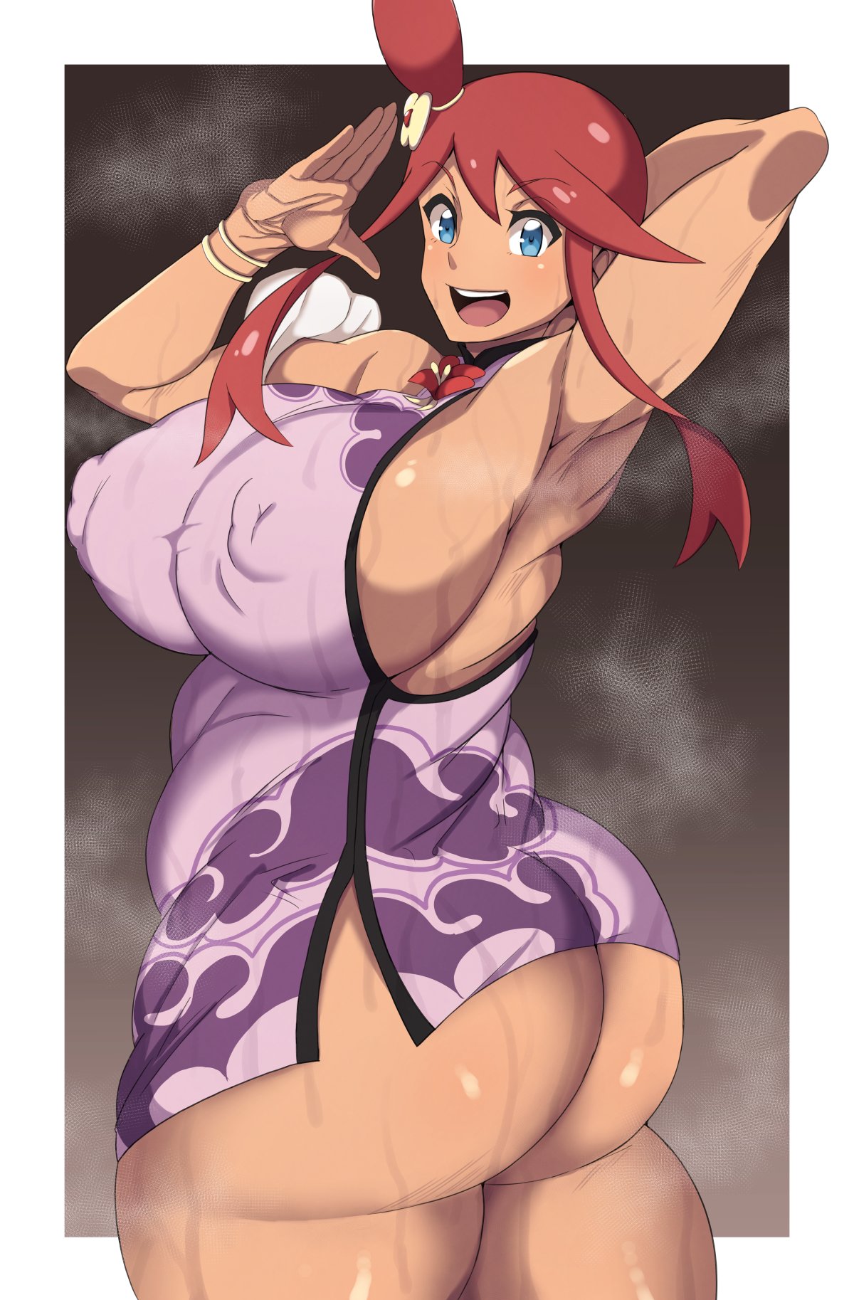 1girls alternate_breast_size anniversary_skyla_(pokemon_masters) armpits ass big_ass big_breasts blue_eyes breasts chubby chubby_female eye_contact fat_ass female game_freak huge_ass huge_breasts large_ass looking_at_viewer nintendo nipple_bulge oryuto pokemon pokemon_bw pokemon_masters red_hair skyla_(pokemon) standing sweat thick_thighs voluptuous wide_hips