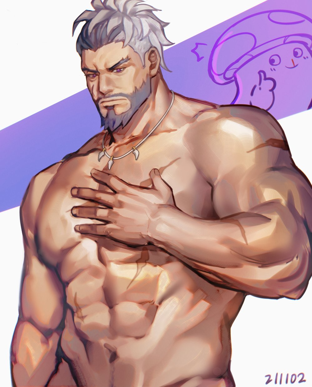 1boy abs bara beard biceps bodybuilder daddy dilf facial_hair ina_zuma_(artist) inako_(artist) male male_only manly mature_male muscles muscular_male necklace pecs scars smooth_skinned_male solo solo_male uncle vyron_(world_flipper) waist_up world_flipper zaddy