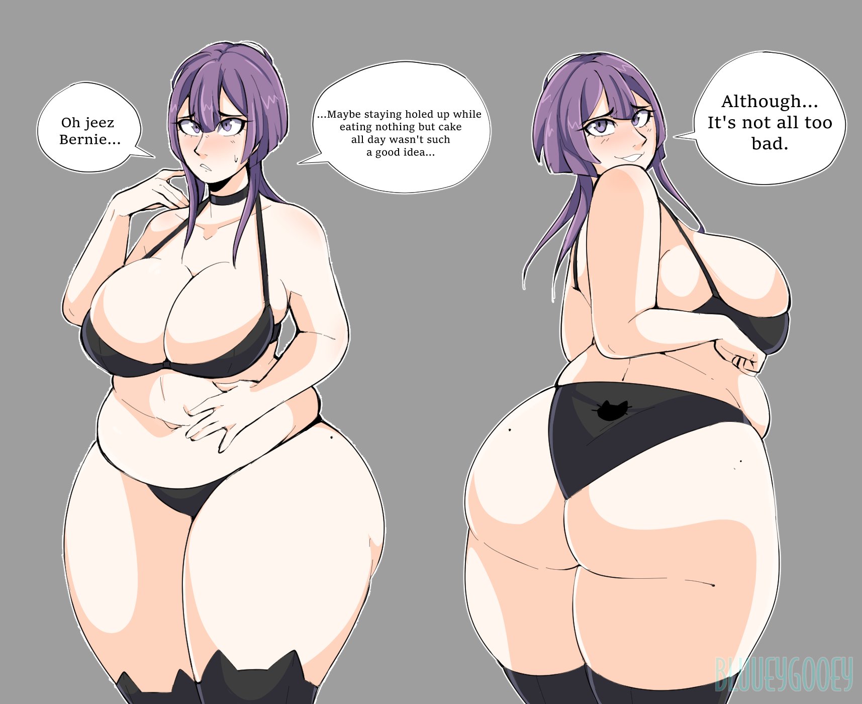 1girls, artist name, ass, back view, bare thighs, bernadetta von varley, black panties, bluueygooey, bra, breasts, choker, chubby, cleavage, english text, fat ass, female, female only, fire emblem, fire emblem: three houses, grey background, grin, huge ass, huge breasts, looking at viewer, looking back, nintendo, overweight, overweight female, panties, post-timeskip, purple eyes, purple hair, short hair, showing off, showing off ass, sideboob, smile, solo, text, thick thighs, thighhighs, thighs, underwear, weight gain