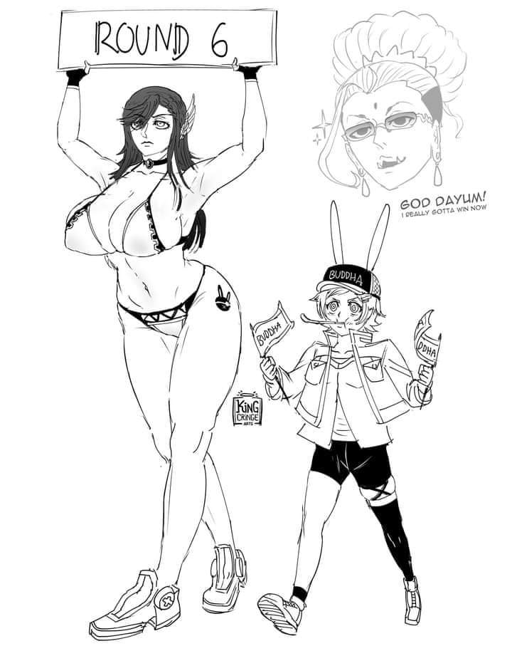 1boy, 2girls, artist request, ass, big breasts, bikini, breasts, brunhilde (shuumatsu no valkyrie), buddha (shuumatsu no valkyrie), bunny ears, clothed female, female, goll (shuumatsu no valkyrie), male, naked female, shuumatsu no valkyrie, sketch, tagme, tattoo, tattoo on legs