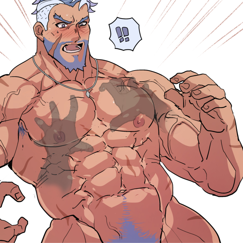 1boy 1male abs bara beard biceps blushing bodybuilder daddy dilf disembodied_hand facial_hair happy_trail male_only mature_male muscular muscular_male mustache nipples pecs rybiok simple_background squeezing uncle veiny vyron_(world_flipper) world_flipper zaddy