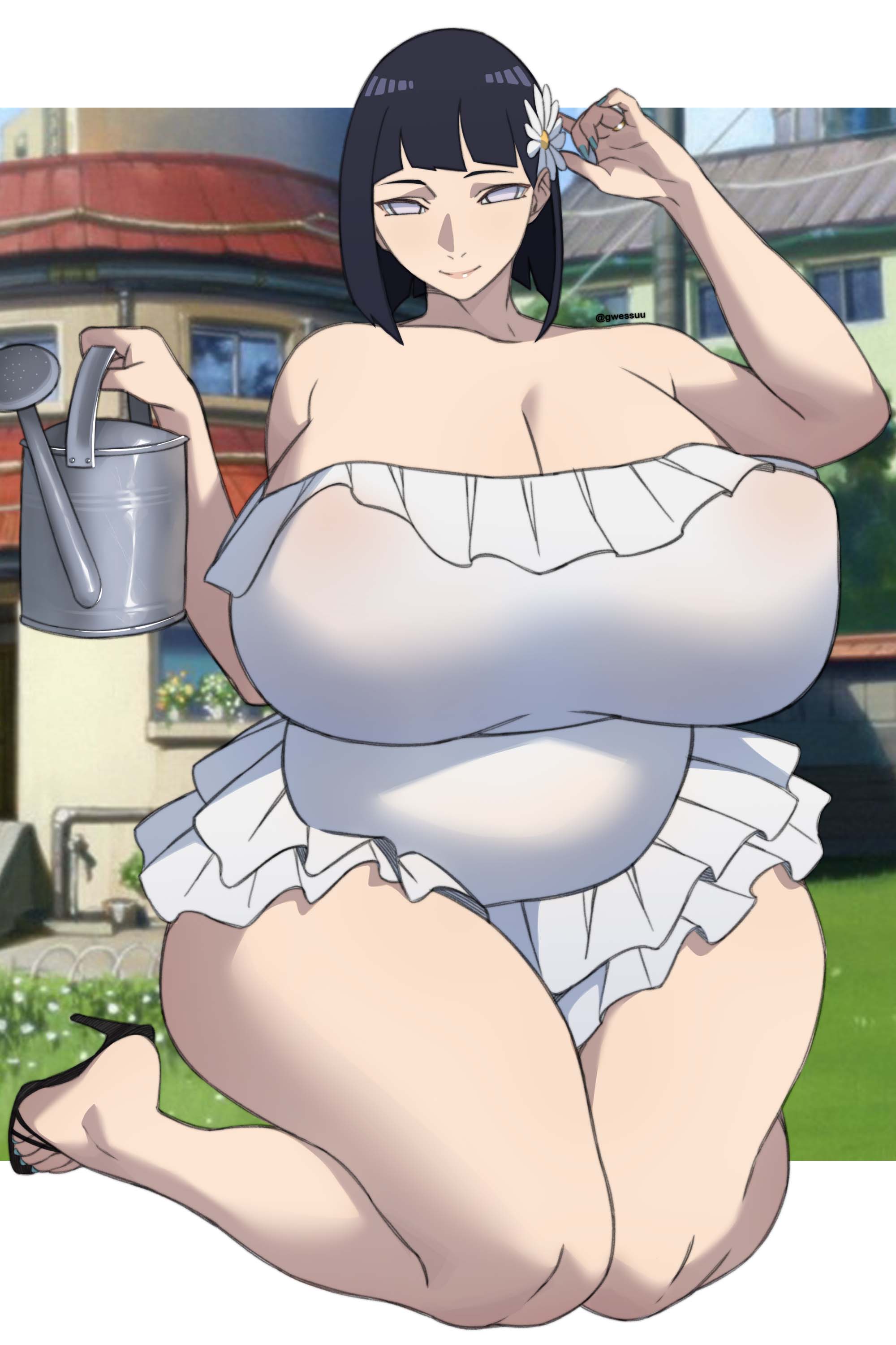 1girls, bare arms, bare legs, bare shoulders, bbw, big breasts, bimbo, black high heels, blue hair, bob cut, boruto: naruto next generations, breasts, busty, chubby, chubby female, cleavage, clothed, clothing, curvaceous, curvy, curvy figure, dress, feet, female, female focus, female only, foot fetish, fully clothed, green nail polish, green nails, green toenails, gwessuu, hair flower, heels, high heels, highres, huge breasts, hyuuga hinata, kneeling, large breasts, legs together, lips, lipstick, looking at viewer, mature, mature female, medium hair, milf, nail polish, narrowed eyes, naruto, naruto (series), on knees, oppai, outdoors, outside, painted nails, painted toenails, pink lips, pink lipstick, pinup, pose, posing, purple eyes, sand, short dress, shoulder length hair, shounen jump, sleeveless, sleeveless dress, smile, smiling, solo, solo female, solo focus, thick thighs, thighs, toenail polish, toes, uzumaki hinata, voluptuous, watering can, wide hips