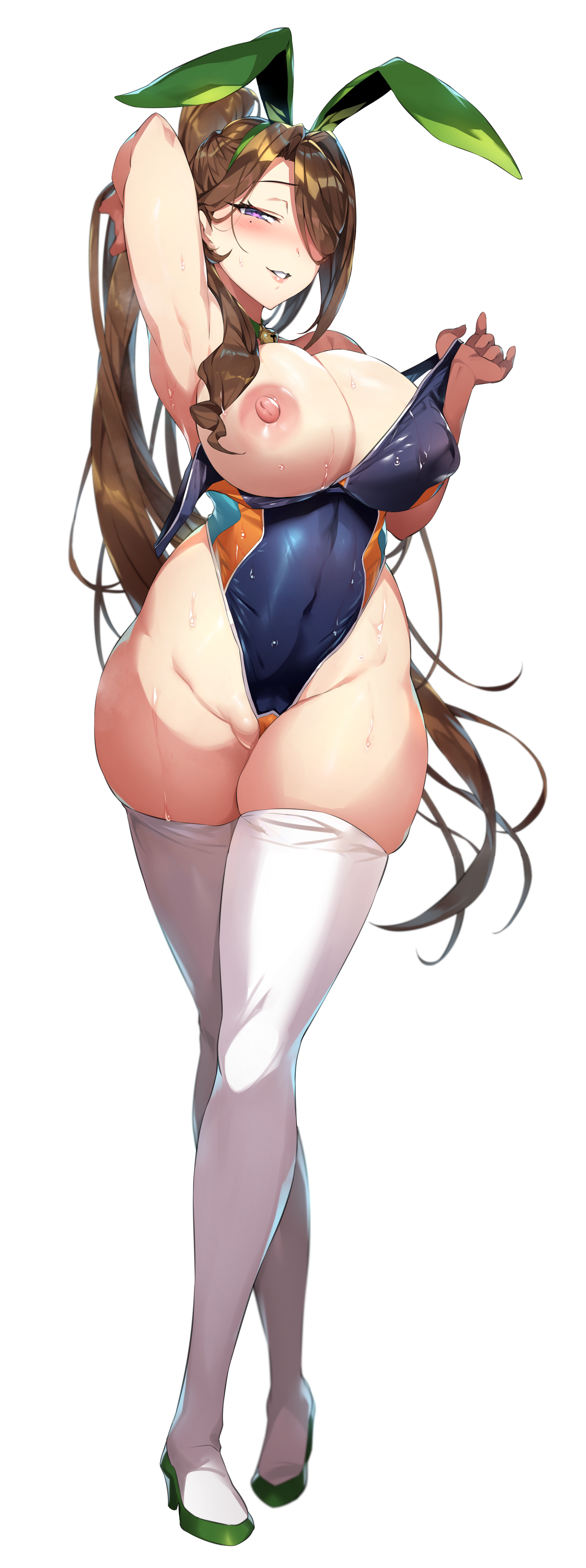 1girls, absurd res, areolae, armpits, arms behind head, breasts, brown hair, bunny ears, bunny girl, bunnystein fantasy, cleavage, competition swimsuit, exposed breasts, female, female only, gan (shanimuni), hair over one eye, heart-shaped pupils, hi res, highleg swimsuit, hips, huge breasts, long hair, looking at viewer, naughty face, nipples, one-piece swimsuit, pool, purple eyes, skindentation, smile, sumire (bunnystein fantasy), swimsuit, thick thighs, thighhighs, thighs, water, wet, wet body, white background, wide hips