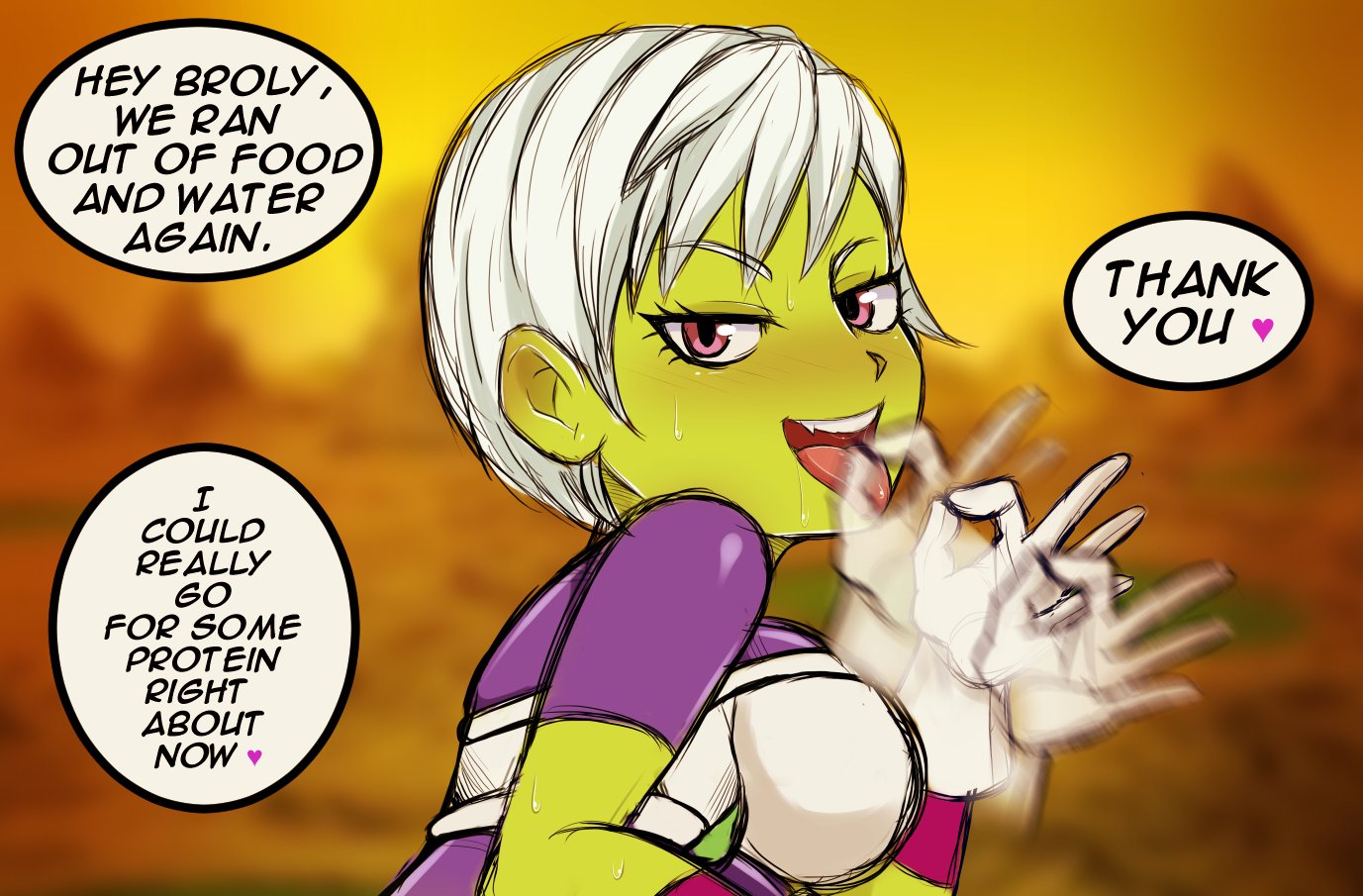 ahe gao, ass, big ass, big breasts, big penis, breasts, broly, broly (dragon ball super), cheelai, dragon ball, dragon ball super, english text, fellatio gesture, female, gloves, green skin, horny, imminent oral, looking at viewer, looking back, male, npczoey, penis, pink eyes, pov, purple eyes, saiyan, sex, shounen jump, suggestive gesture, tongue, tongue out, white hair