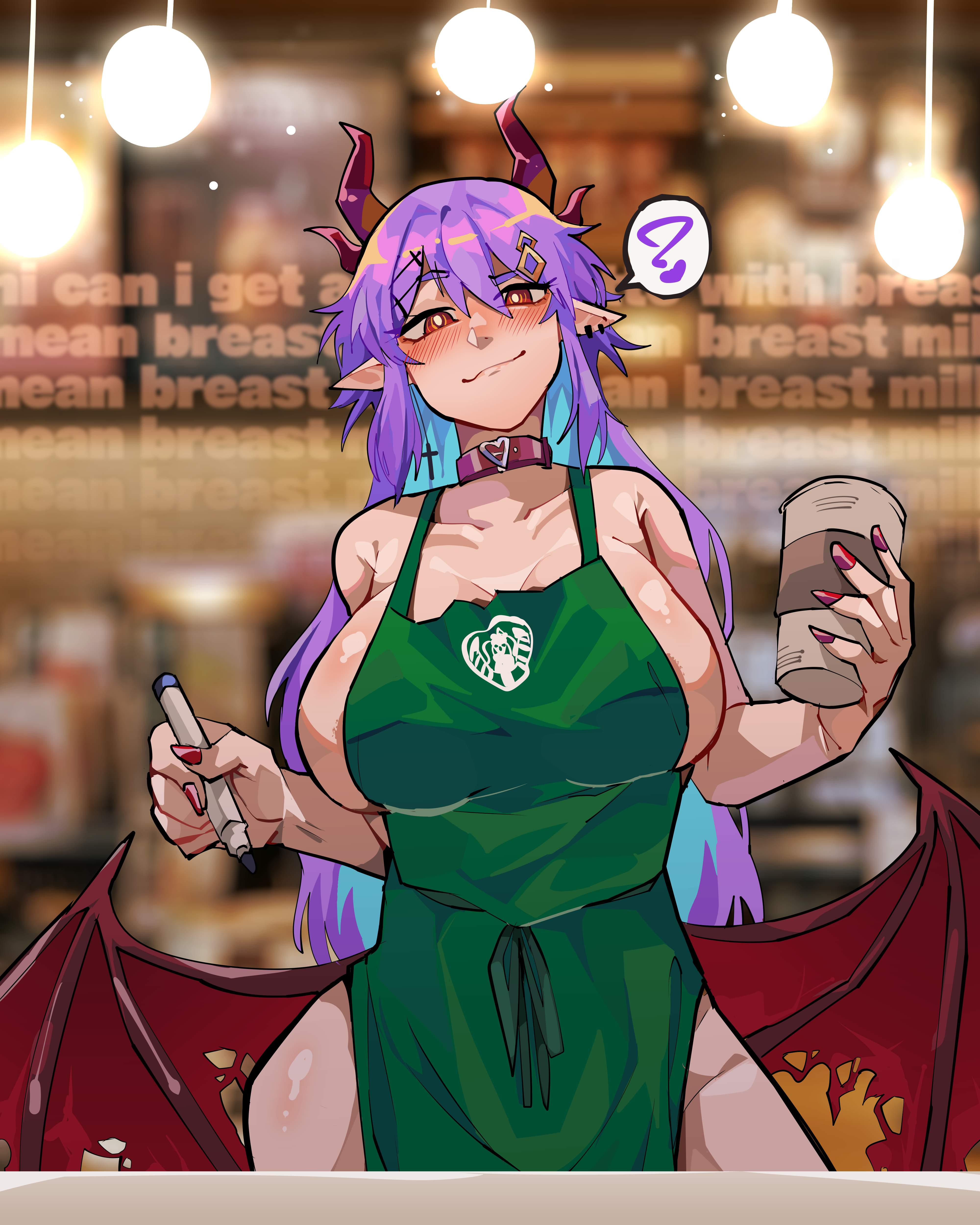 1girls, apron, big breasts, blush, breasts, demon, diforland, emmi zaelith, female, horn, huge breasts, iced latte with breast milk, meme, nail polish, naked apron, original, original character, purple hair, red eyes, red horns, smug, smug face, starbucks, succubus, virtual youtuber