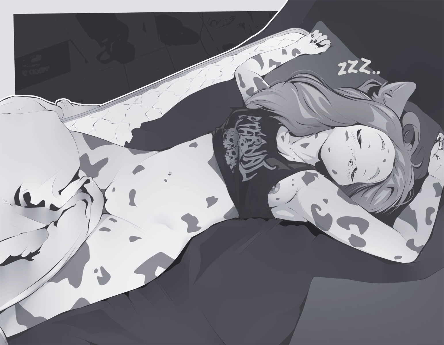 anthro, bed, bottomless, clothed, clothing, felid, female, fuf (character), fur, furniture, hair, hi res, hybrid, leopard, lying, mammal, navel, nipple slip, on back, pantherine, panties, pillow, shirt, sicmop, sleeping, snoring, solo, tank top, topwear, underwear