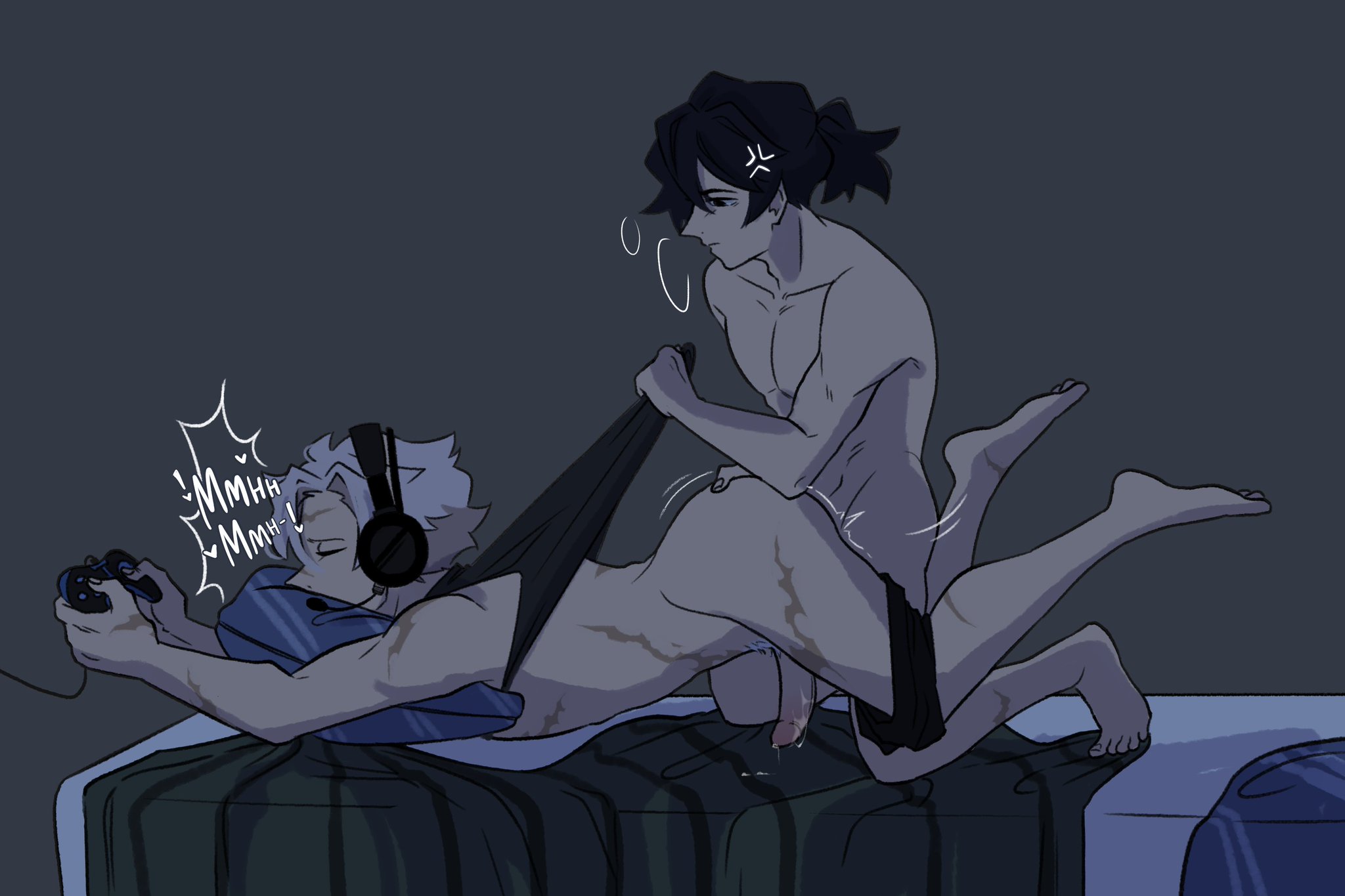 2boys, alternate costume, anal, anal sex, ass, ass up, black hair, cumiokaa, demon slayer, erection, from behind, gaming, gay, hand on ass, headphones, implied anal, kimetsu no yaiba, male, male only, mostly nude, nude, on bed, on stomach, penis, ponytail, sanemi shinazugawa, scars, shirt up, tomioka giyuu, uncensored, underwear around one leg, video game controller, white hair, yaoi