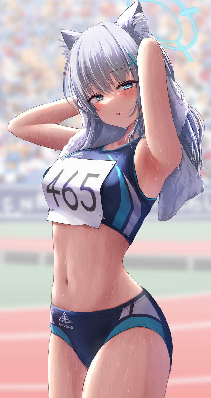 1girl 1girls abydos_high_school_logo_(blue_archive) abydos_high_school_student belly belly_button blue_archive blue_eyes female foreclosure_task_force_(blue_archive) gym_uniform heterochromatic_pupils looking_at_viewer navel open_eyes open_mouth shiroko_(blue_archive) silver_bullet_(ecc12_8) sport sports_bra sportswear sweat sweating sweaty_body towel white_hair wolf_ears