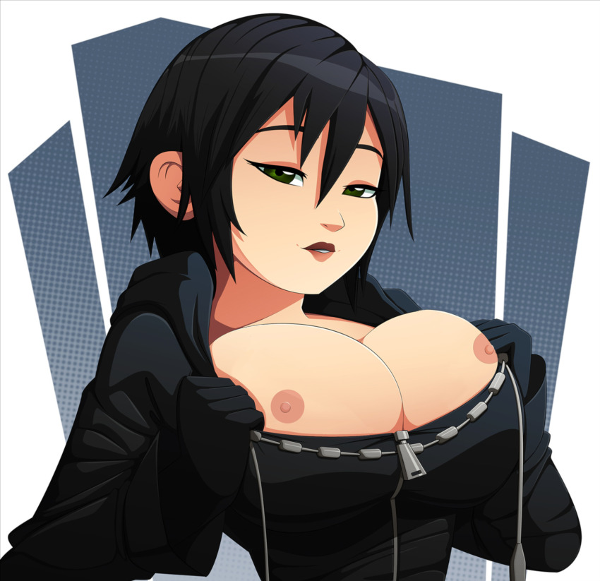 1girls big_breasts black_hair breasts cleavage dark_hair disney female kingdom_hearts kingdom_hearts_358/2_days large_breasts light-skinned_female light_skin nipples ravenravenraven short_hair solo square_enix white_background xion