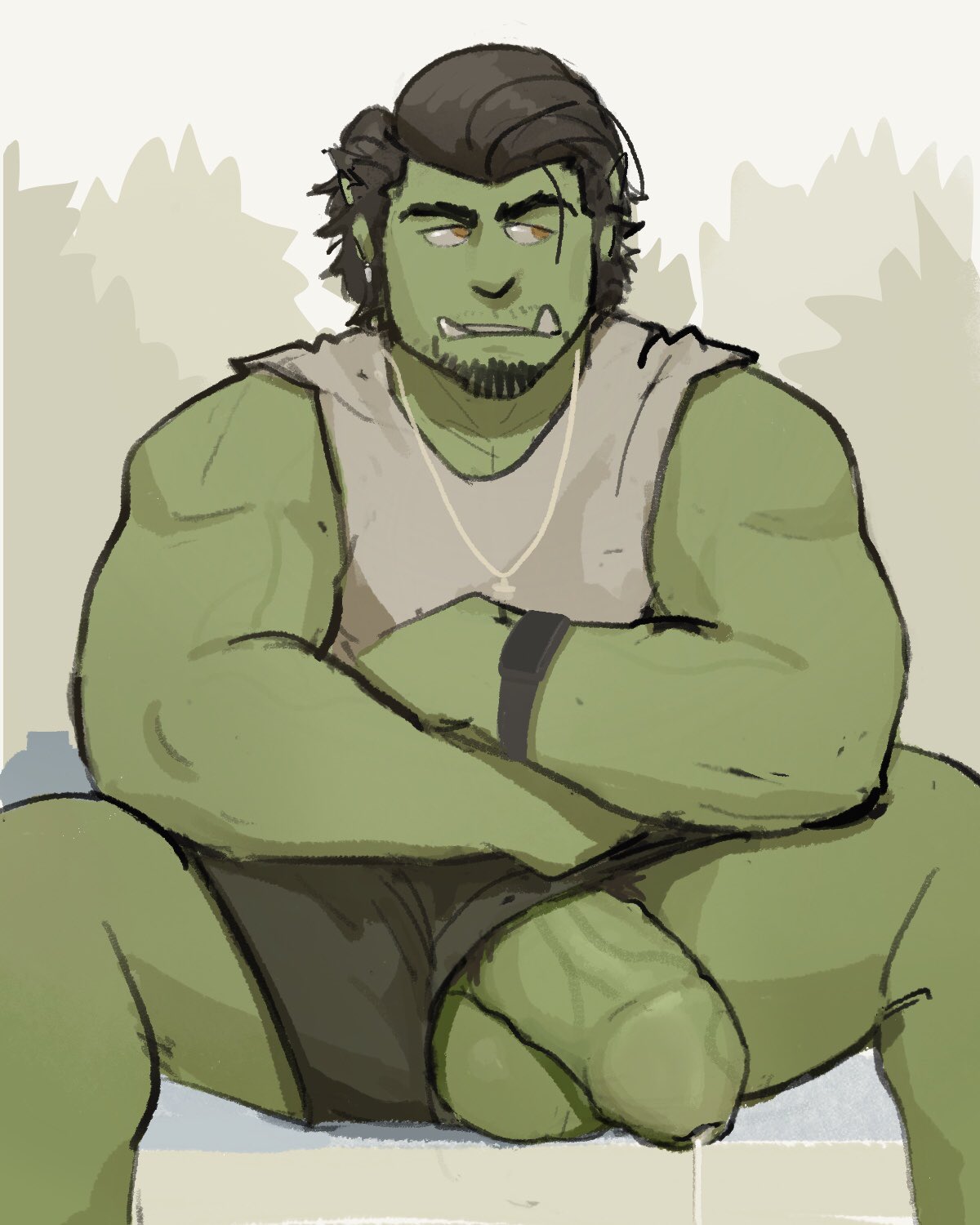 balls bara big_balls big_penis clothing crossed_arms facial_hair flaccid green_body green_skin kenkudog male male_only muscles muscular orc penis penis_out shorts sitting solo solo_male spread_legs