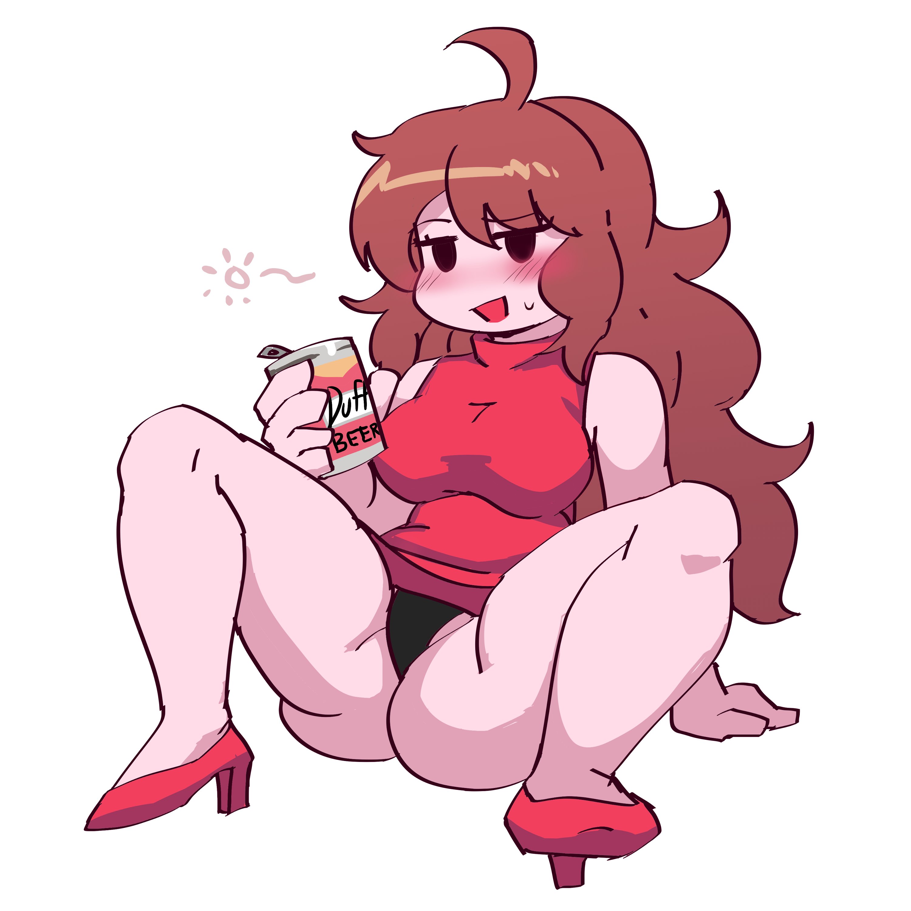 1girls, ass, beer, beer can, blush, breasts, brown hair, dress, drunk, duff beer, female, female focus, female only, friday night funkin, girlfriend (friday night funkin), long hair, panties, red dress, solo, thick thighs, white background, ytrall