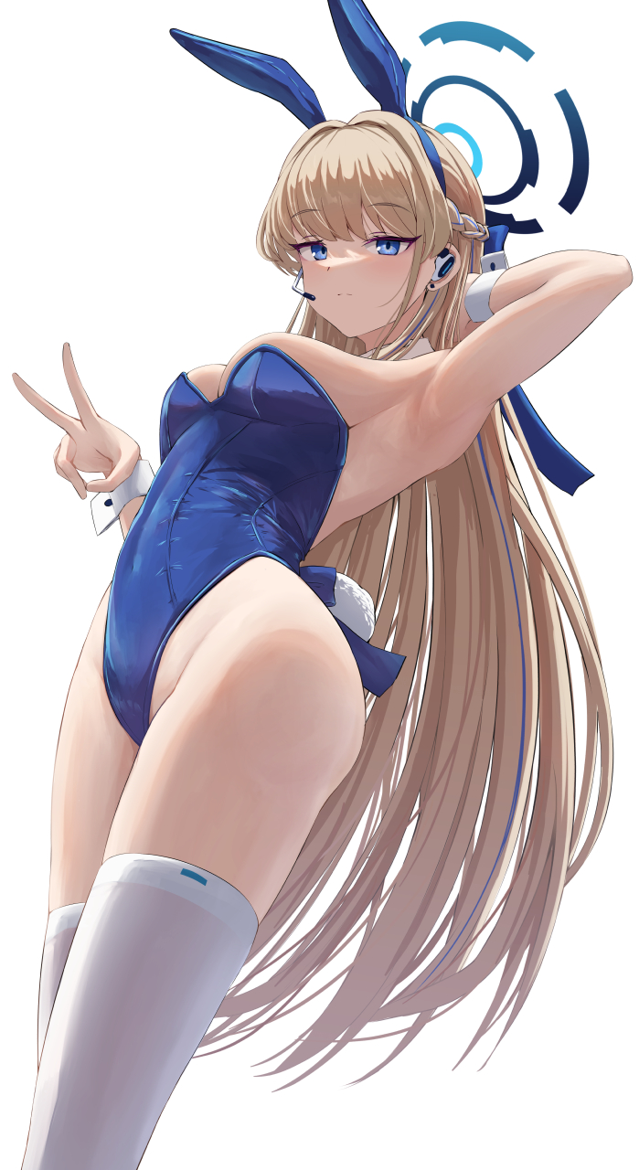 1girls armpits blonde_hair blue_archive blue_eyes bunny_ears bunnysuit closed_mouth female headset leotard long_hair millennium_science_school_student open_eyes peace_sign silver_bullet silver_bullet_(ecc12_8) toki_(blue_archive) toki_(bunny)_(blue_archive) white_tights