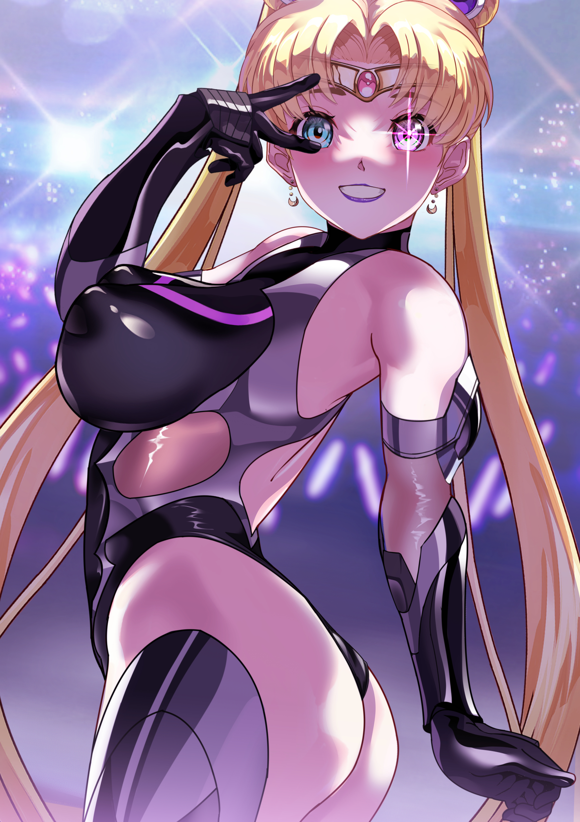 absurdres, arion canvas, ass, bishoujo senshi sailor moon, blonde hair, blue eyes, blush, bodysuit, breasts, clothing, covered nipples, earrings, elbow gloves, female, gloves, heterochromia, highres, jewelry, large breasts, latex, latex gloves, long hair, looking at viewer, magical girl, medium breasts, purple eyes, purple lips, sailor moon, skin tight, solo, taimanin (series), taimanin suit, twintails, usagi tsukino, v over eye