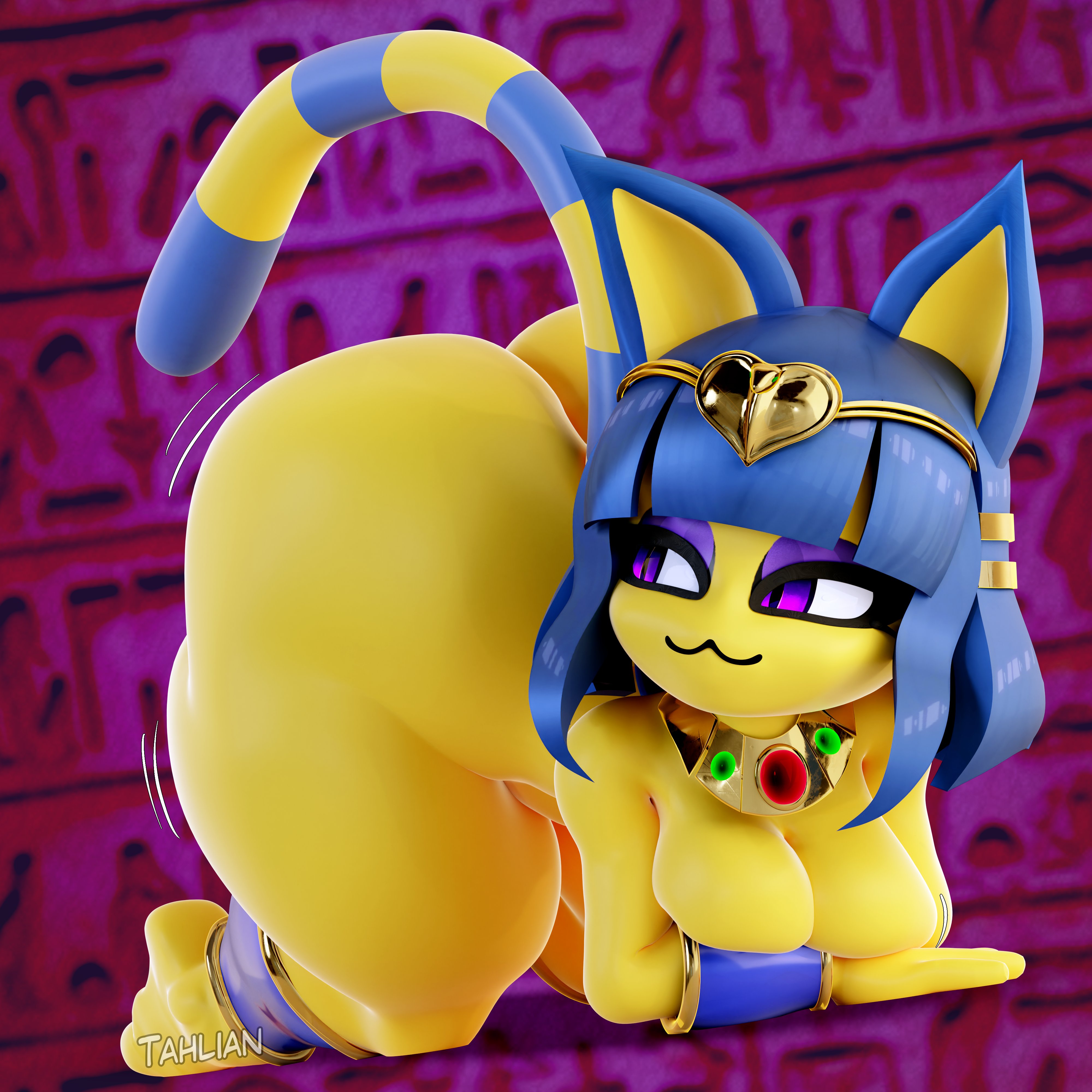 :3, 1girls, 2024, 3d, 3d (artwork), 3d model, animal crossing, animal crossing new horizons, ankha, ankha (animal crossing), ankha (vonvivianov), ass, ass crack, big ass, big breasts, big butt, big thighs, blue hair, breasts, bubble ass, bubble butt, butt crack, cleo claws (vonvivianov), doubutsu no mori, female, huge ass, huge butt, huge thighs, jewelry, kabalmystic (style), large ass, large thighs, looking back, looking pleasured, nairu (doubutsu no mori), nintendo, purple eyes, shiny ass, shiny breasts, shiny butt, shiny hair, shiny skin, short hair, solo, solo female, tahlian, tail, thick ass, thick thighs, thighs, vonvivianov, yellow skin