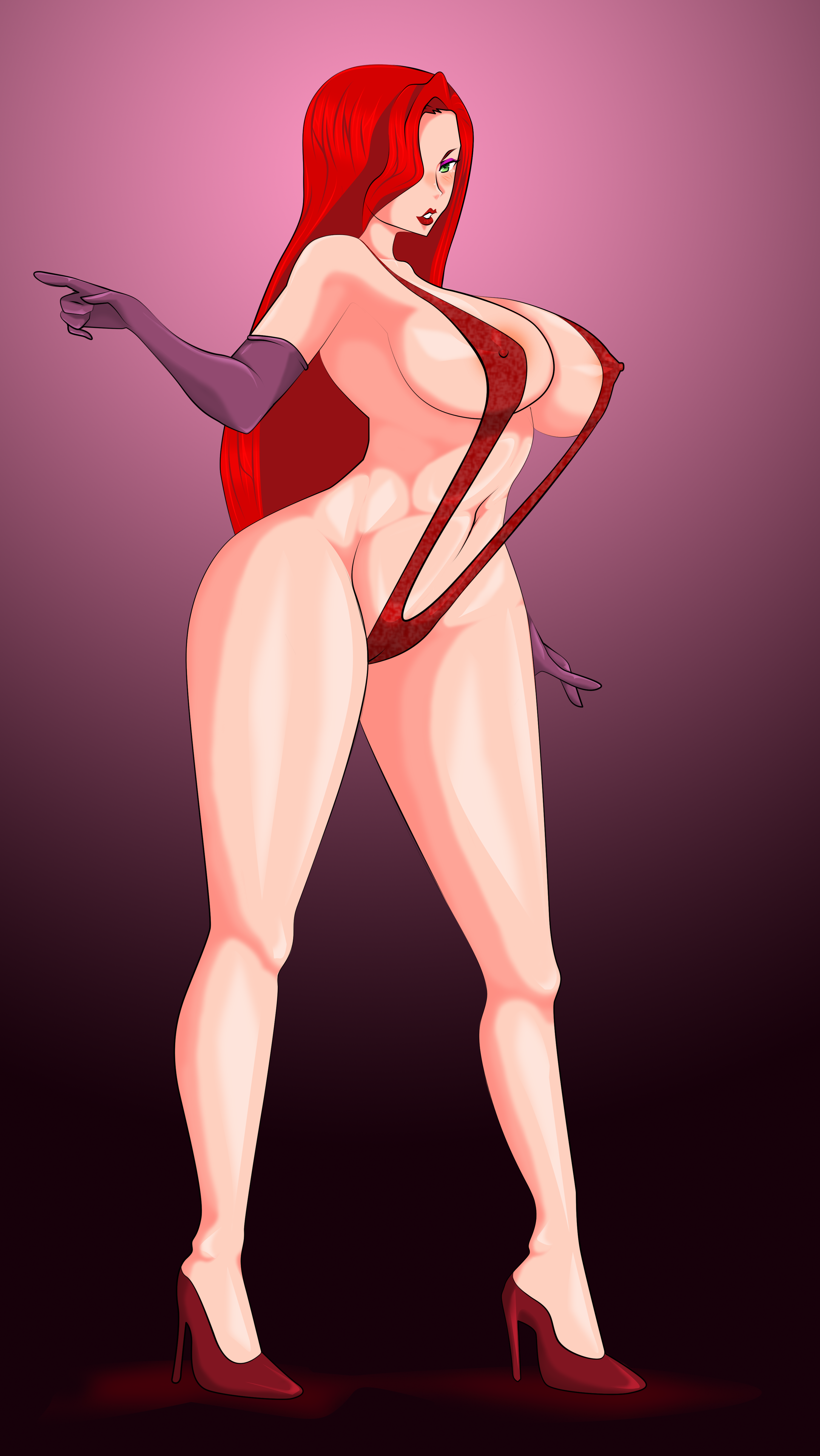 arm gloves, bikini, breasts, cameltoe, closed eyes, disney, elbow gloves, eyeshadow, female, footwear only, gloves, green eyes, hair covering eye, heels only, high heels, huge breasts, jessica rabbit, large breasts, lipstick, long hair, long legs, looking at viewer, makeup, nipple bulge, one eye covered, pokies, pussy, red hair, red lipstick, shiny hair, shiny skin, simple background, sling bikini, supernova (artist), who framed roger rabbit