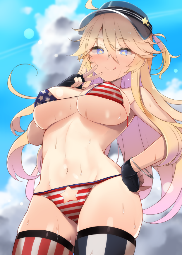 :q ahoge american_flag_bikini american_flag_legwear bangs bikini blonde_hair blue_eyes blue_sky blush bracelet breasts clothing_cutout cloud covered_nipples day eyebrows_visible_through_hair female flag_print from_below gloves hair_between_eyes hand_on_hip hat iowa_(kantai_collection) jewelry kantai_collection large_breasts long_hair looking_at_viewer messy_hair navel shin_(new) side-tie_bikini skindentation sky smile solo star-shaped_pupils star_(symbol) star_print string_bikini striped striped_legwear sweat swimsuit symbol-shaped_pupils thighhighs tongue tongue_out underboob v