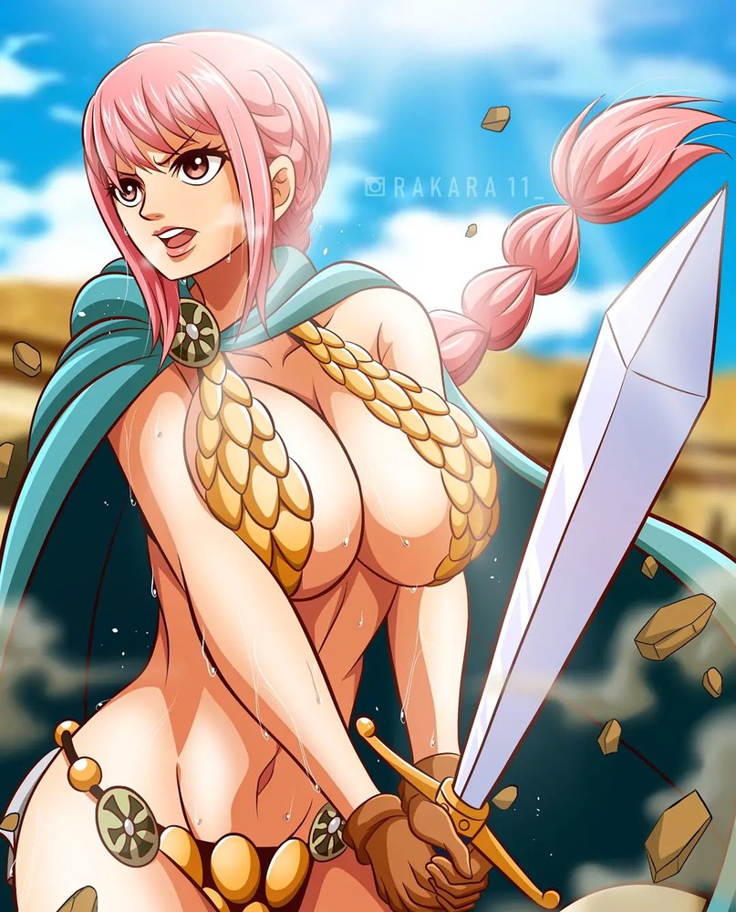 1girls, armor, big breasts, bikini armor, braid, breasts, cape, cleavage, female, female only, gloves, linea alba, long hair, one piece, pink eyes, pink hair, pink-haired female, rakara11, rebecca (one piece), sweat, sword