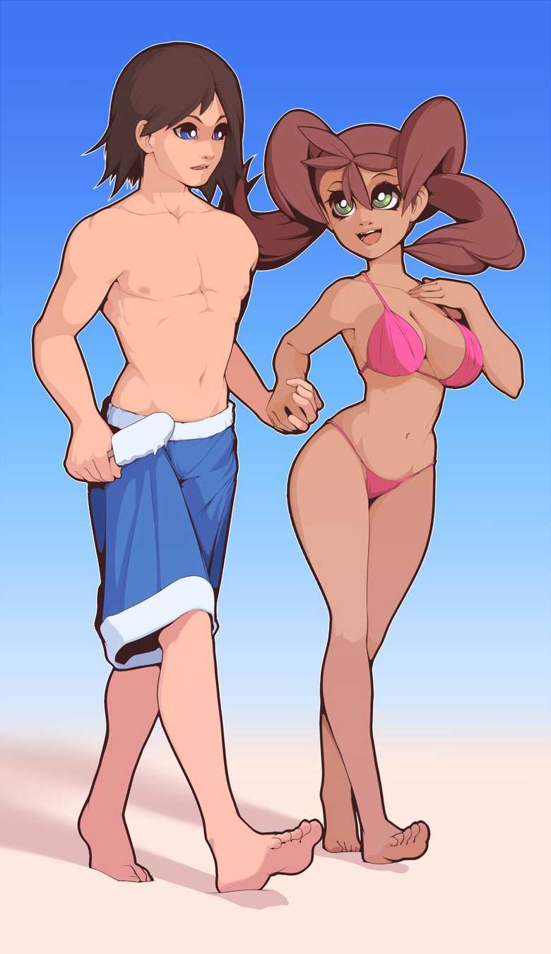 1boy 1girls beach big_breasts bikini breasts calem_(pokemon) couple dark-skinned_female digital_media_(artwork) female green_eyes happy_female holding_hands human ice_cream male muscular_male mystical open_mouth plantpenetrator pokemon shauna_(pokemon) teenager thighs wholesome young