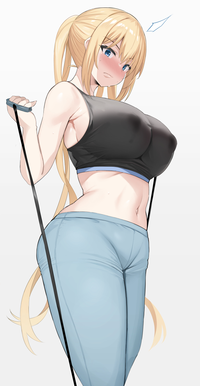 ^^^ bad_id bad_twitter_id blend_s blonde_hair blush breasts closed_mouth commentary covered_nipples female gradient_background grey_background highres hinata_kaho lactation lactation_through_clothes large_breasts long_hair looking_at_viewer midriff navel noripachi pants solo sports_bra standing sweat symbol-only_commentary very_long_hair white_background yoga_pants