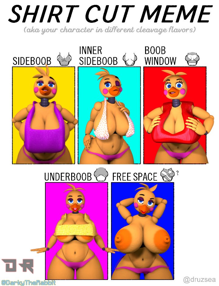 3d, beak, big breasts, bra, breasts, darkytherabbit, female, five nights at freddy's, highres, meme, partially clothed, runaboo chica, shirt cut meme, solo, toy chica (fnaf)