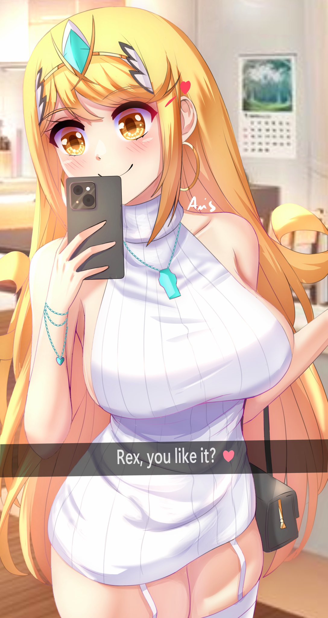1girls, anisdrawn, blonde hair, bracelets, breasts, core crystal, earrings, female, garter straps, handbag, holding phone, hoop earrings, large breasts, long hair, mythra, necklace, nintendo, phone, ribbed sweater, sweater, thighhighs, tiara, turtleneck, turtleneck sweater, white sweater, xenoblade (series), xenoblade chronicles 2, yellow eyes