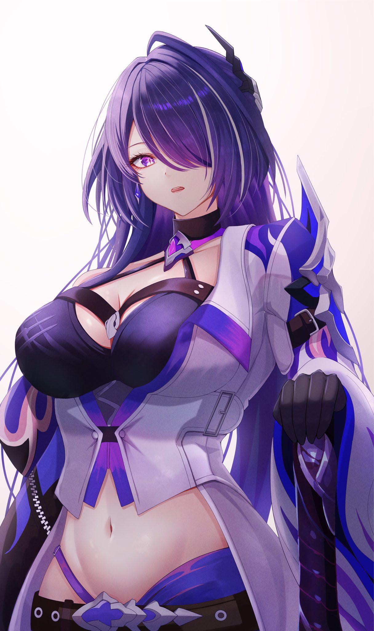 1girls, acheron (honkai: star rail), big breasts, breasts, female, honkai (series), honkai: star rail, large breasts, long hair, looking at viewer, mommy, penguintake, purple hair, revealing clothes