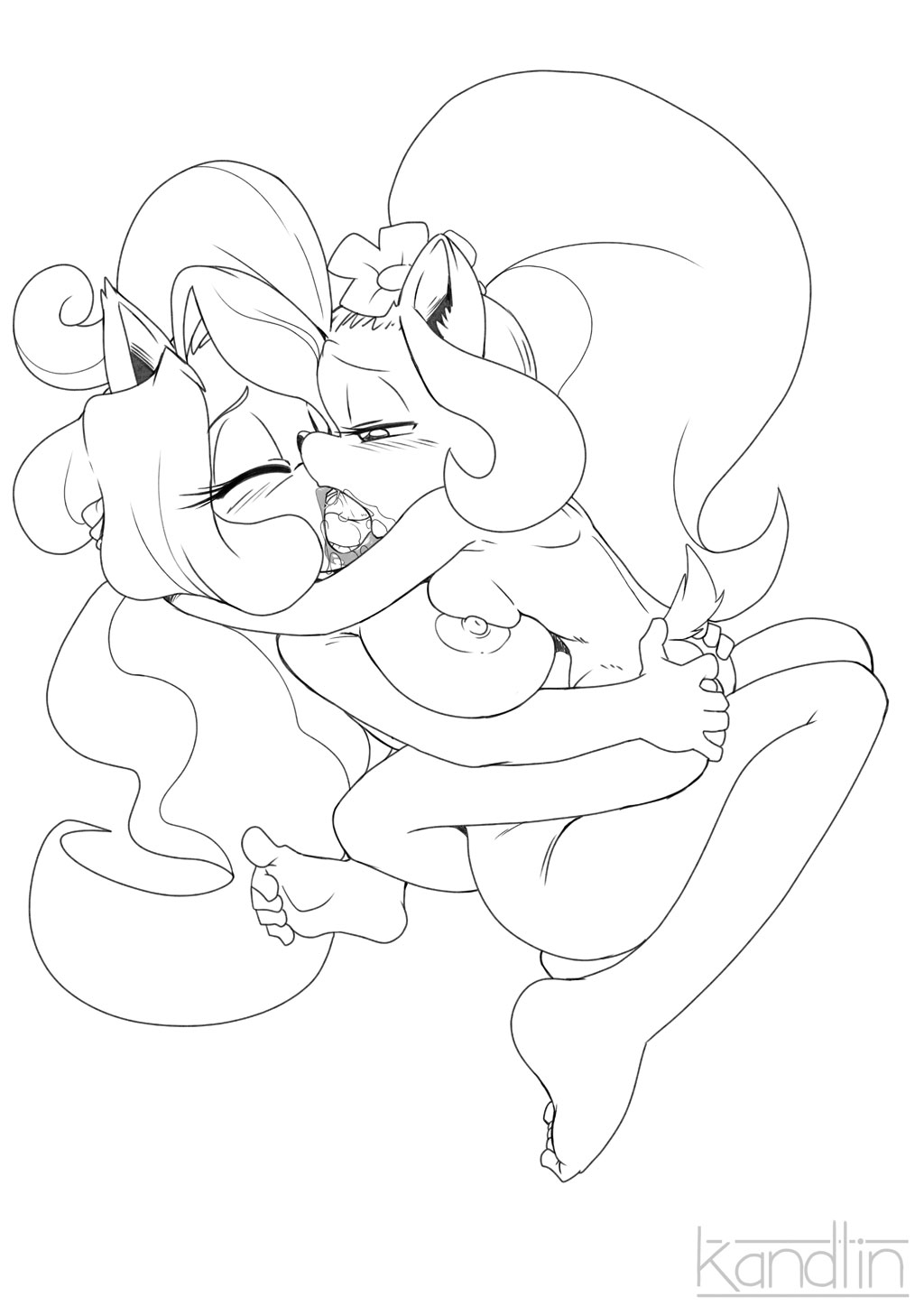 2girls anthro ass barefoot blush breasts coco_bandicoot crash_(series) deep_kissing feet female female_only french_kiss fur furry kandlin kissing lips nipple_piercing nude pussy tawna_bandicoot tongue yuri