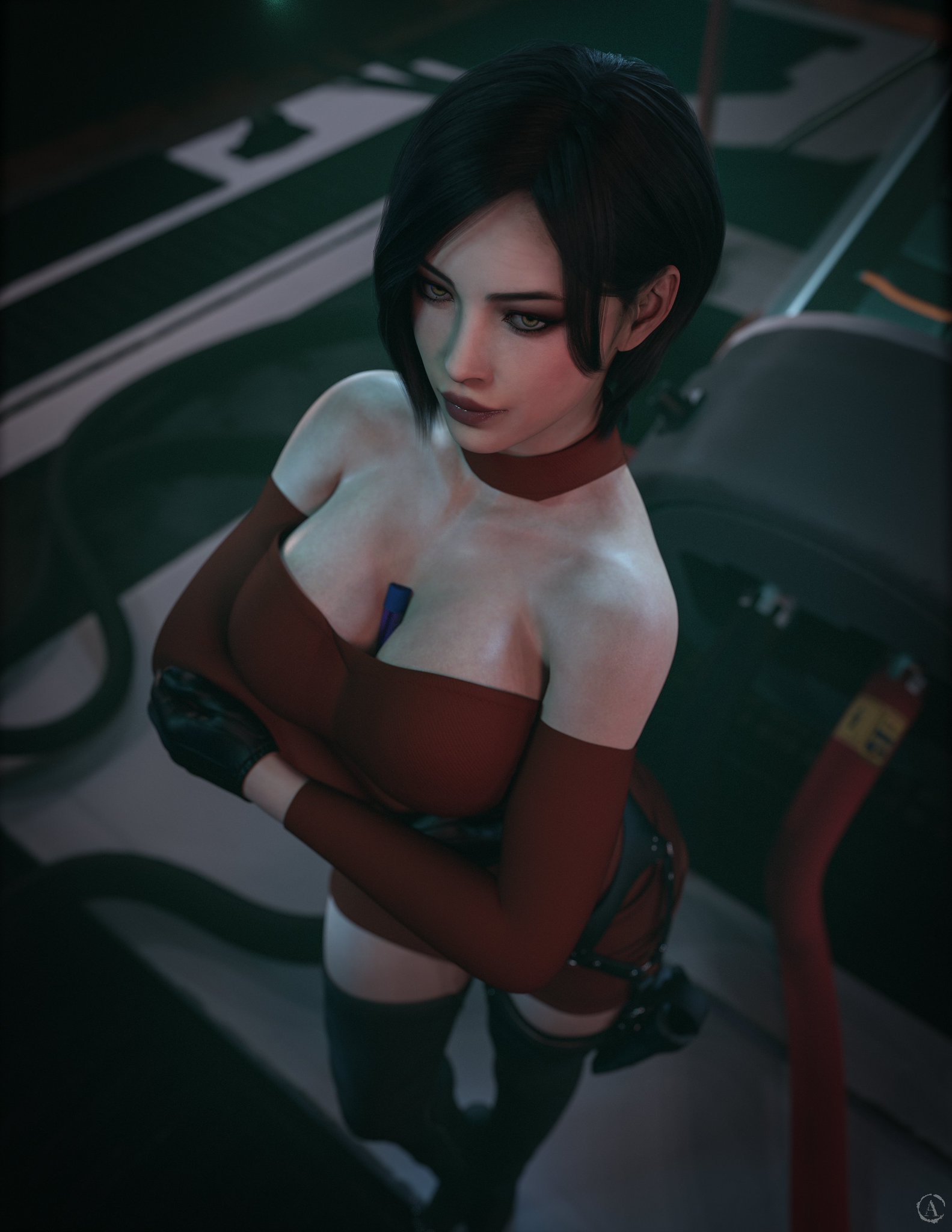 1girls, 3d, ada wong, alf3d, asian, asian female, bare shoulders, black gloves, black hair, black legwear, breasts, capcom, crossed arms, exposed thighs, female, female focus, female only, full lips, gloves, high-angle view, hips, holster, human, large breasts, leather gloves, legs, legwear, light skin, light-skinned female, lips, lipstick, object between breasts, red clothing, red dress, resident evil, resident evil 4, resident evil 4 remake, short dress, short hair, thighs, video game character, zettai ryouiki