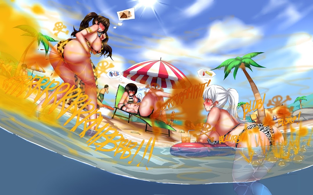 3girls about_to_defecate beach bending_over bent_over big_ass big_breasts blush blushing day desperation fart fart_bubbles farting_underwater female_focus laying_down lazei legs_together multiple_girls onomatopoeia original original_characters outdoors partially_submerged public public_indecency shart sharting stomach_noises thick_ass thick_thighs thought_bubble