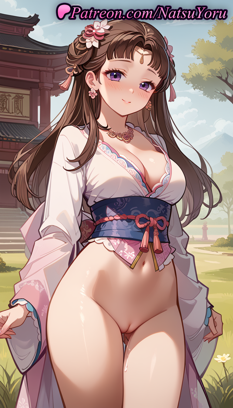 1girls ai_generated anime anime_style ass_visible_through_thighs bangs blue_sky blush bottomless breasts brown_hair bust busty chinese_clothes cleavage cleft_of_venus closed_mouth collarbone cowboy_shot day earrings female female_focus female_only flower grass hair_bun hair_flower hair_ornament hanfu hentai japanese_clothes jewelry kimono kusuriya_no_hitorigoto large_breasts lishu_(kusuriya_no_hitorigoto) long_hair long_sleeves looking_at_viewer medium_breasts natsuyoru navel necklace no_panties obi outdoors parted_bangs purple_eyes pussy pussy_juice pussy_juice_trail sash sky smile solo solo_female standing stomach tassel tassel_earrings thigh_gap thighs tree uncensored voluptuous voluptuous_female wide_sleeves