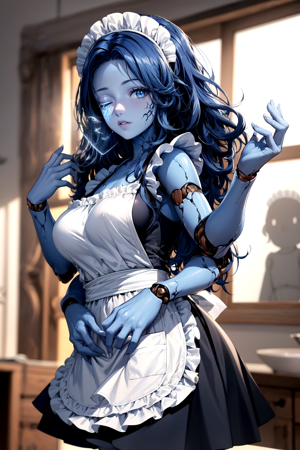 1girls 4_arms ai_generated blue_eyes blue_hair blue_skin civitai elden_ring french_maid maid maid_headdress maid_outfit maid_uniform more_at_source one_eye_closed pitpe11 ranni_the_witch standing tagme