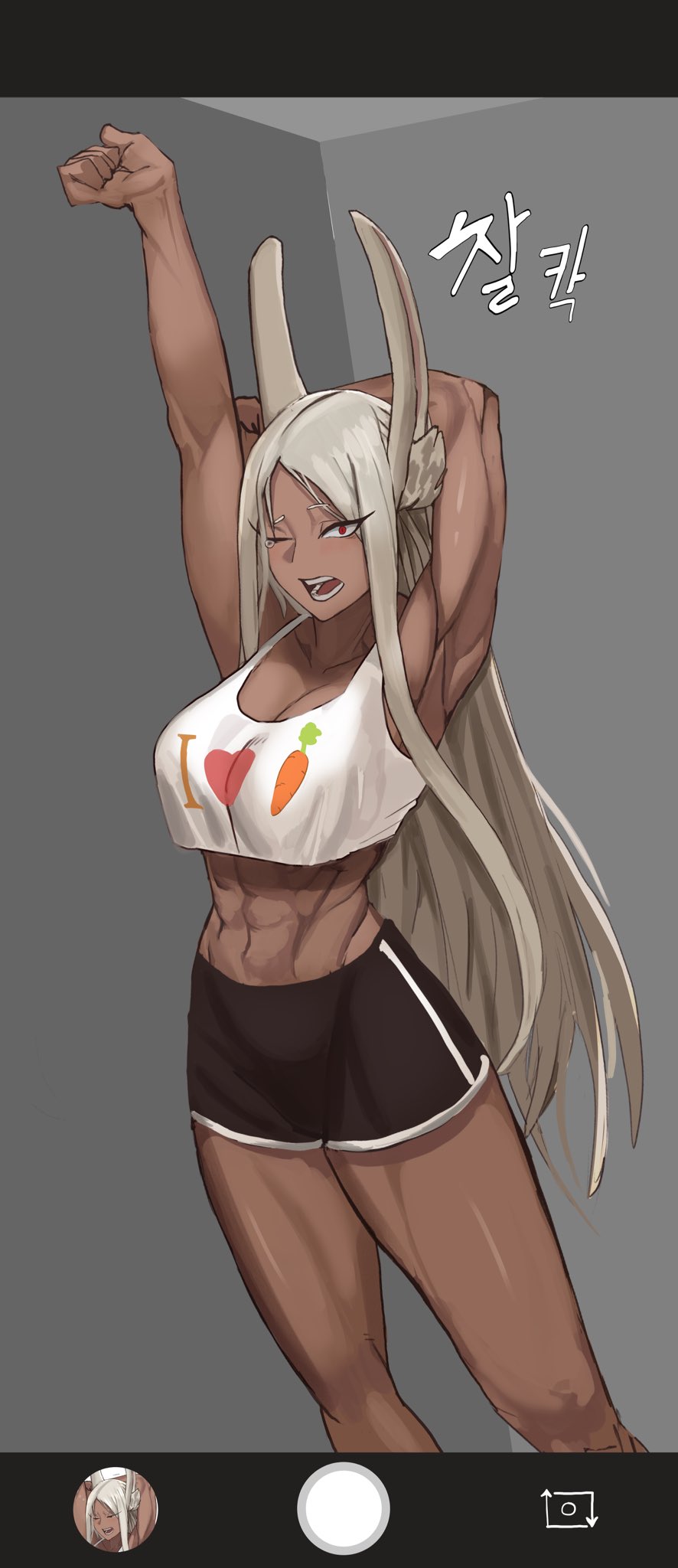 1girls abs bare_arms bare_legs bare_shoulders bare_thighs big_breasts bunny_ears bunny_girl clothed clothing color dark-skinned_female dark_skin female female_focus female_only hi_res large_breasts long_hair looking_at_viewer miruko muscles muscular muscular_female my_hero_academia phone_screen photo red_eyes rumi_usagiyama solo solo_female soolee040995 stretching tagme thick_thighs white_hair