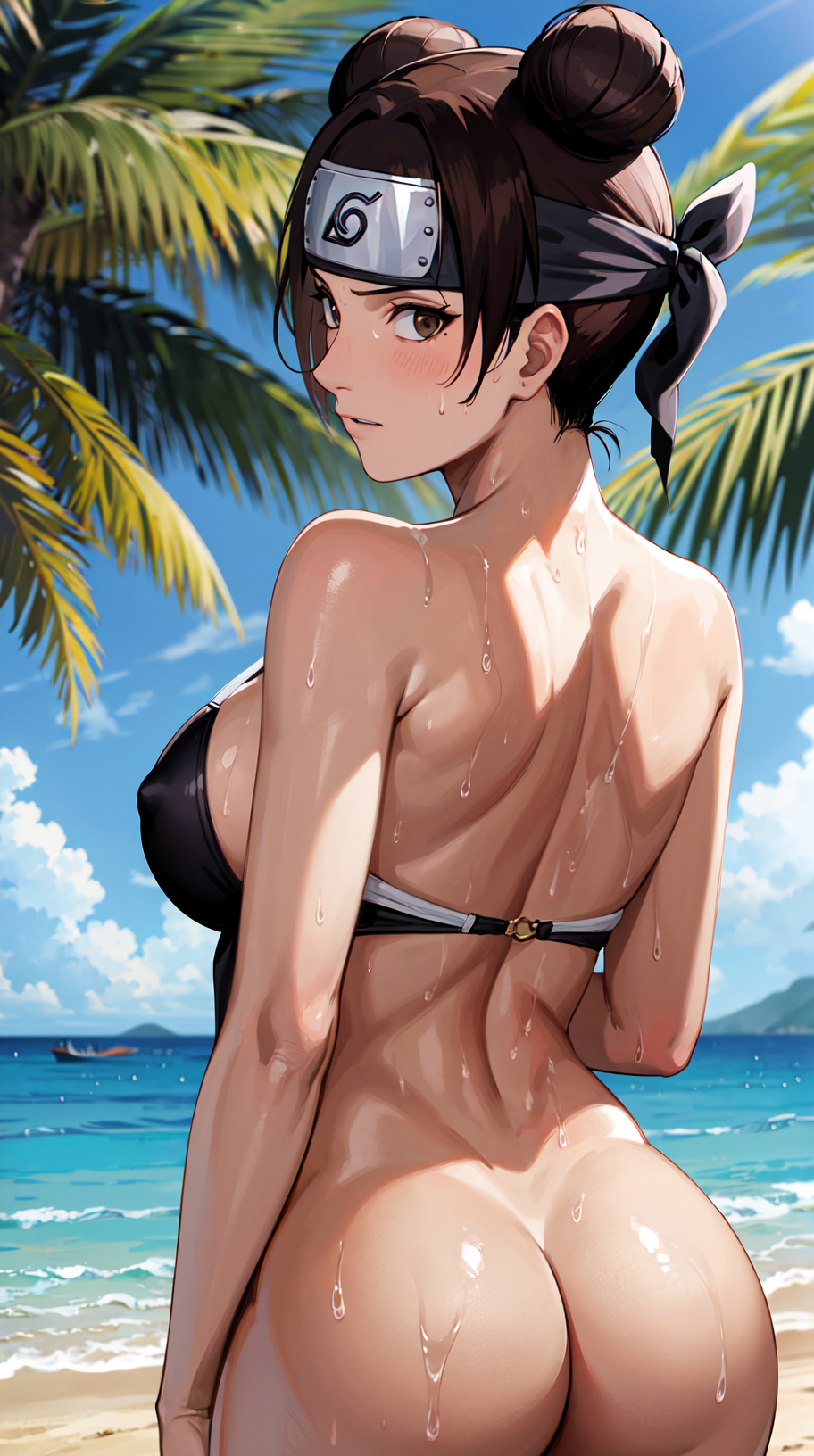 1girls accurate_art_style ai_generated ass back_view beach bikini bikini_top bikini_top_only bottomless bottomless_female breasts bubble_butt curvaceous curvy curvy_figure double_bun female female_focus female_only forehead_protector from_behind konohagakure_symbol light-skinned_female light_skin looking_back looking_back_at_viewer nai_diffusion naruto naruto_(series) naruto_shippuden ocean rear_view round_ass sand seaside shiny shiny_hair shiny_skin sideboob skindentation smooth_skin solo solo_focus stable_diffusion sunlight sweat sweatdrop swimsuit tenten tied_hair twin_buns waifuinvoker water