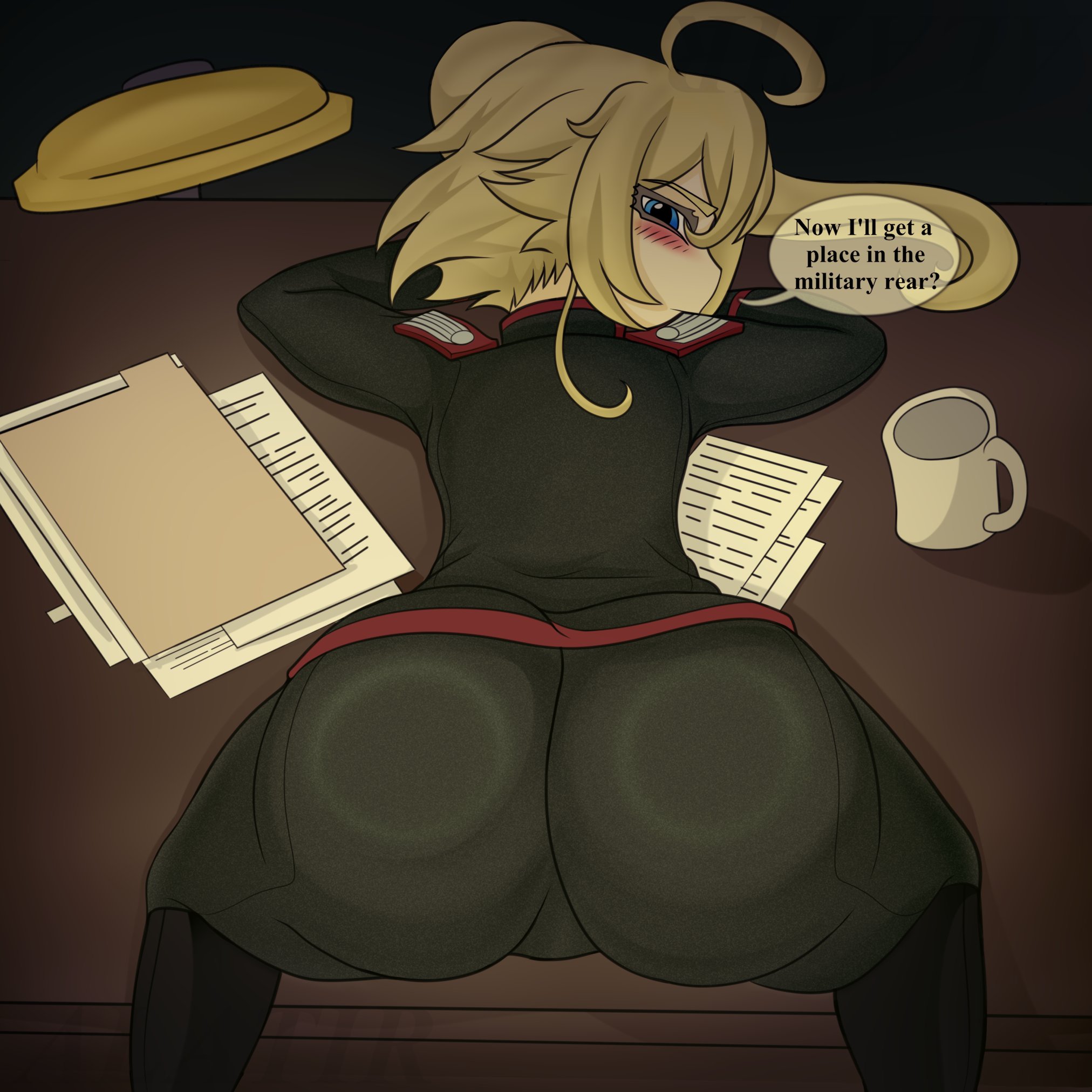 ?, 1girls, 2024, alatir, ass, ass focus, big ass, big butt, blonde, blonde female, blonde hair, blonde-haired female, blue eyes, blush, blush lines, blushed face, blushing, blushing at viewer, blushing female, bottom, bottom heavy, bubble ass, bubble butt, clothed, clothed female, clothes, clothing, eyebrows, eyebrows visible through hair, eyelashes, eyelashes through hair, female, female focus, female only, huge ass, huge butt, large ass, large butt, laying down, light skin, light-skinned female, on table, speech, speech bubble, tagme, tanya degurechaff, thick, thick ass, thick female, thick thighs, voluptuous, voluptuous female, white body, youjo senki