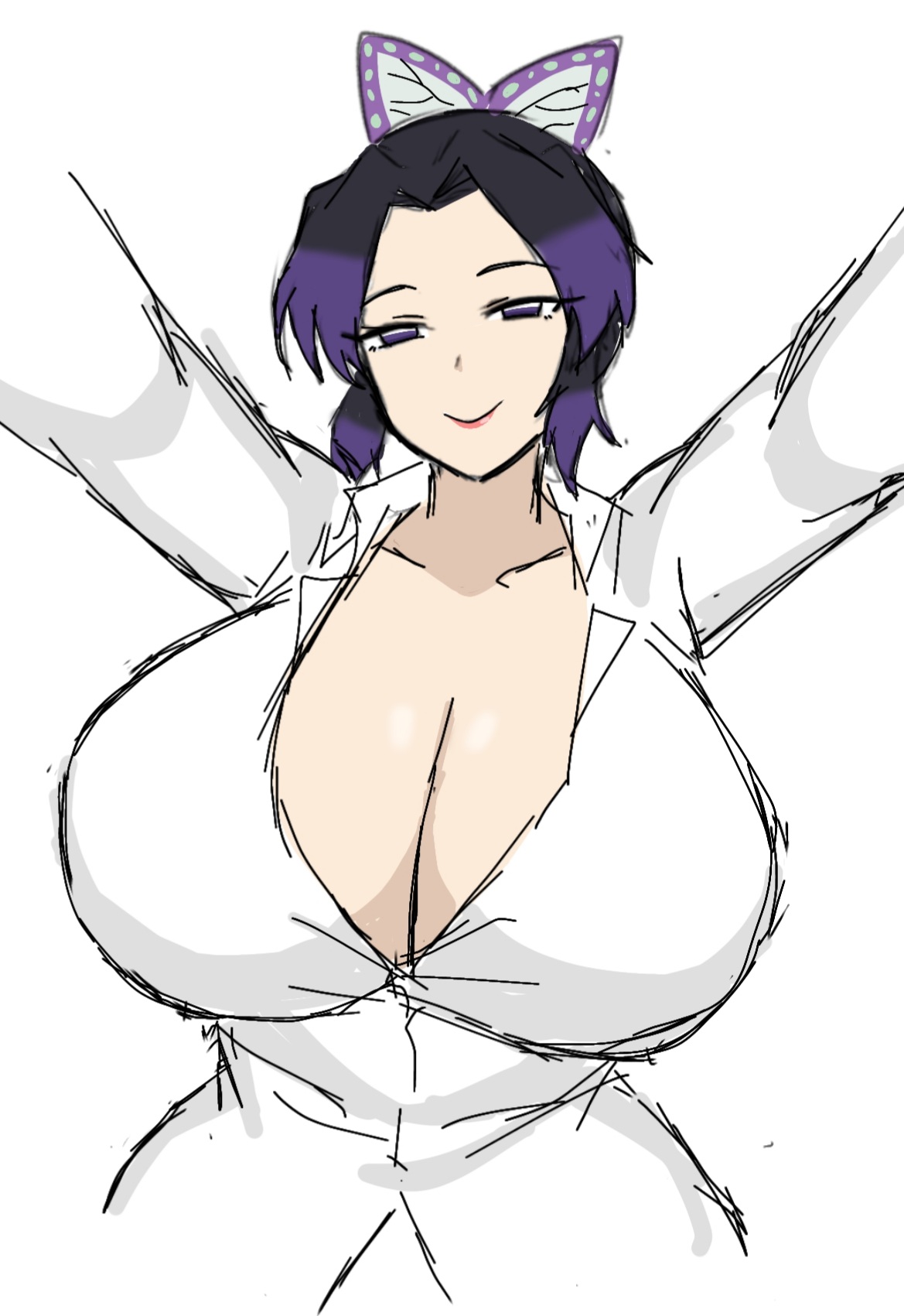big breasts, black hair, breasts, butterfly hair ornament, cleavage, demon slayer, enormous breasts, female, female only, huge breasts, kimetsu no yaiba, kochou shinobu, looking at viewer, momiji (artist), open shirt, outstretched arms, smile, solo, two-tone hair, white shirt