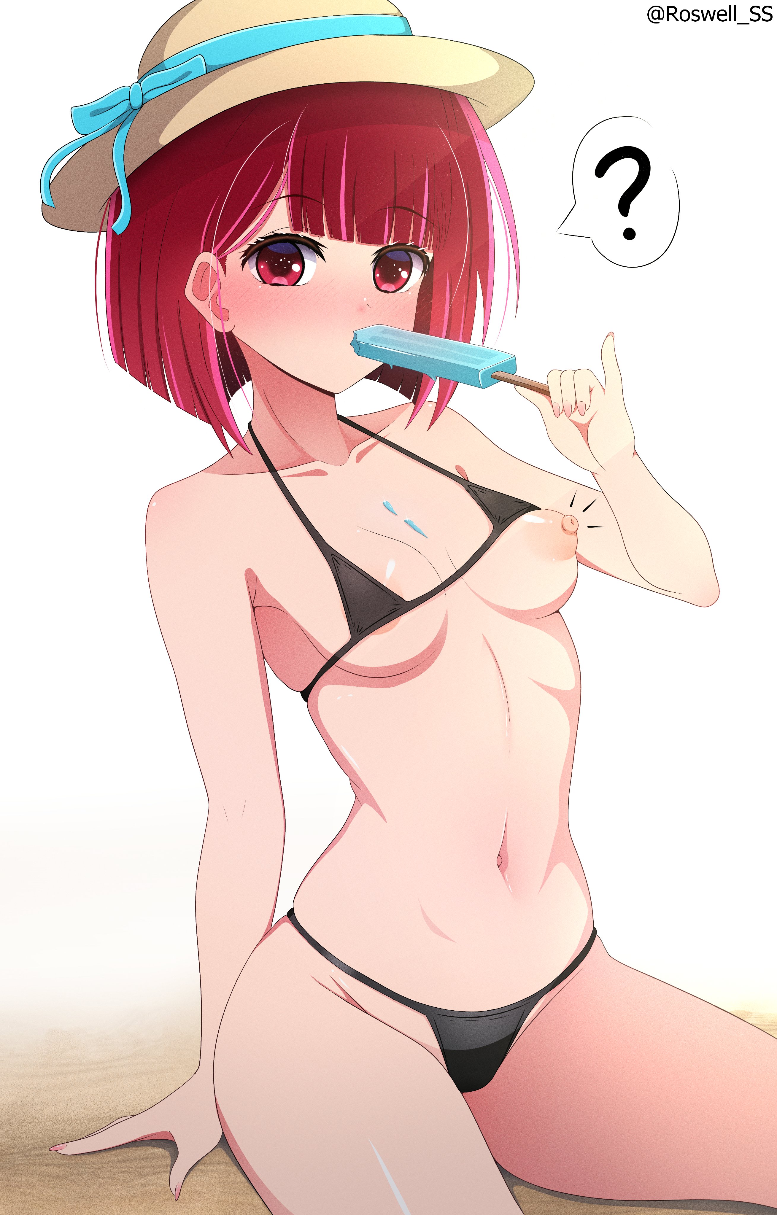 ?, 1girls, accurate art style, areolae, arima kana, armpits, bare arms, bare legs, bare midriff, bare shoulders, bare thighs, belly, belly button, bikini, black bikini, black bikini bottom, black bikini top, black swimsuit, black swimwear, blue ribbon, blush, blush lines, bob cut, breasts, cleavage, collarbone, dot nose, elbows, female, female focus, female only, groin, hand on floor, hand up, hat, high resolution, highres, ice cream, light skin, looking at viewer, medium breasts, navel, nipples, nude, official style, oshi no ko, red eyes, red hair, ribbon, roswell-ss, short hair, sideboob, simple background, sitting, slender body, slender waist, slim female, slim waist, solo, swimsuit, swimwear, teenager, thick thighs, thighs, thin waist, uncensored, uncensored breasts, upper body, v-line, white background