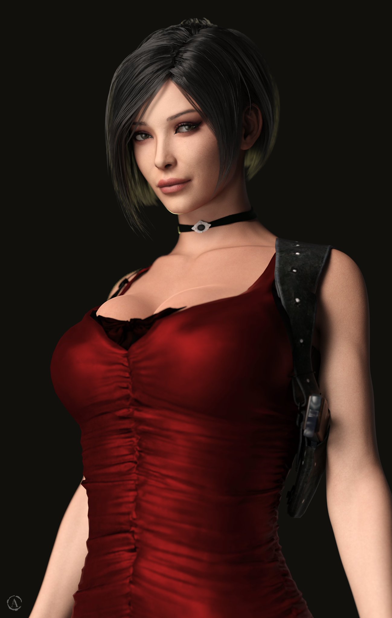 1girls 3d ada_wong alf3d asian asian_female big_breasts black_background black_choker black_hair capcom choker clavicle cleavage collarbone dark_background dark_hair eyelashes female front_view grey_background gun_holster holster holster_strap human light-skinned_female light_skin lips looking_at_viewer pistol_holster red_dress resident_evil resident_evil_2 resident_evil_2_remake resident_evil_4 resident_evil_4_remake short_dress short_hair smirk solo streaked_hair upper_body video_game_character