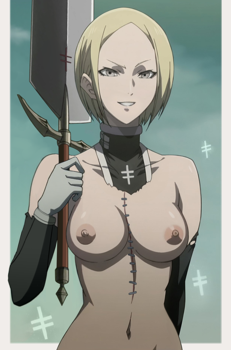 blonde_hair border bracer breasts choker claymore detached_sleeves female glove helen_(claymore) holding_sword missingthumb nude outside_border scar scar_on_stomach short_hair solo torn_clothing upper_body weapon_over_shoulder