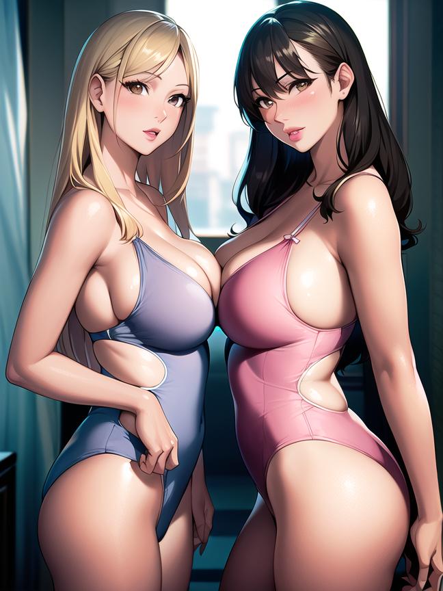 2girls ai_generated ai_mirror bathroom big_ass black_hair blonde_hair blush breast_to_breast breasts_touching brown_eyes lesbian long_hair looking_at_viewer medium_ass medium_breasts pink_swimsuit purple_swimsuit shower_curtain side_view swimsuit thick_lips white_skin window yuri