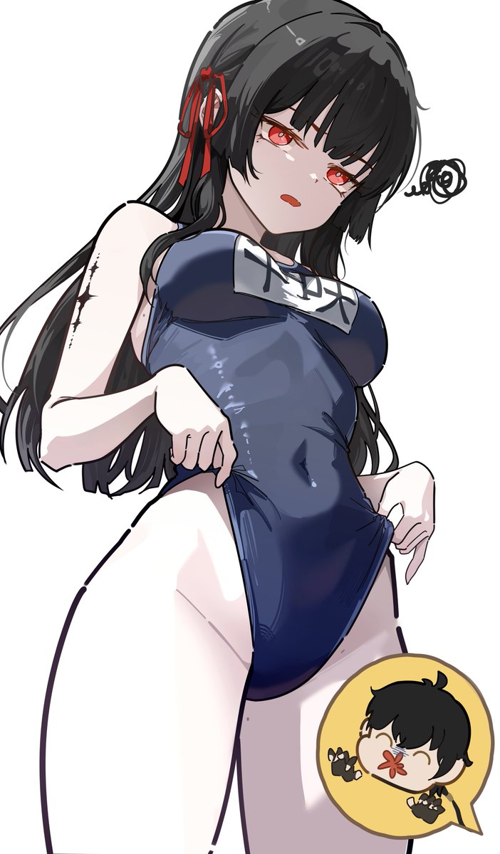 1boy, 1girls, black hair, blue swimwear, breasts, chisa (wuthering waves), legs, long hair, male rover (wuthering waves), medium breasts, one-piece swimsuit, pale skin, pale-skinned female, red eyes, rover (wuthering waves), school swimsuit, swimsuit, swimwear, wuthering waves