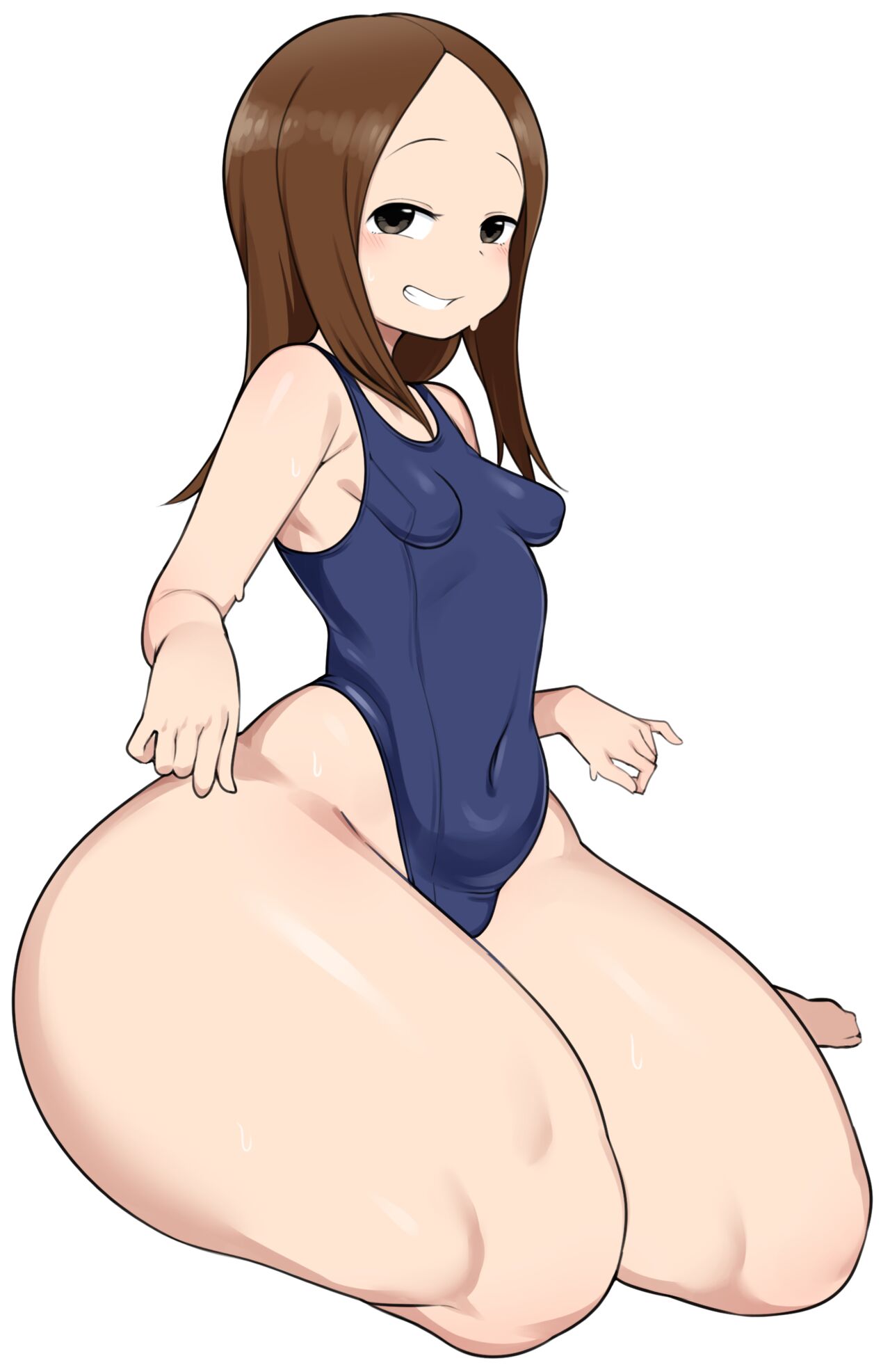 1girls, aged up, ass, barefoot, big ass, big thighs, bottom heavy, breasts, brown hair, cham22, female, female only, karakai jouzu no takagi-san, looking at viewer, on knees, partially clothed, small breasts, smiling at viewer, swimsuit, takagi-san, thick thighs, voluptuous, voluptuous female, white background, wide hips