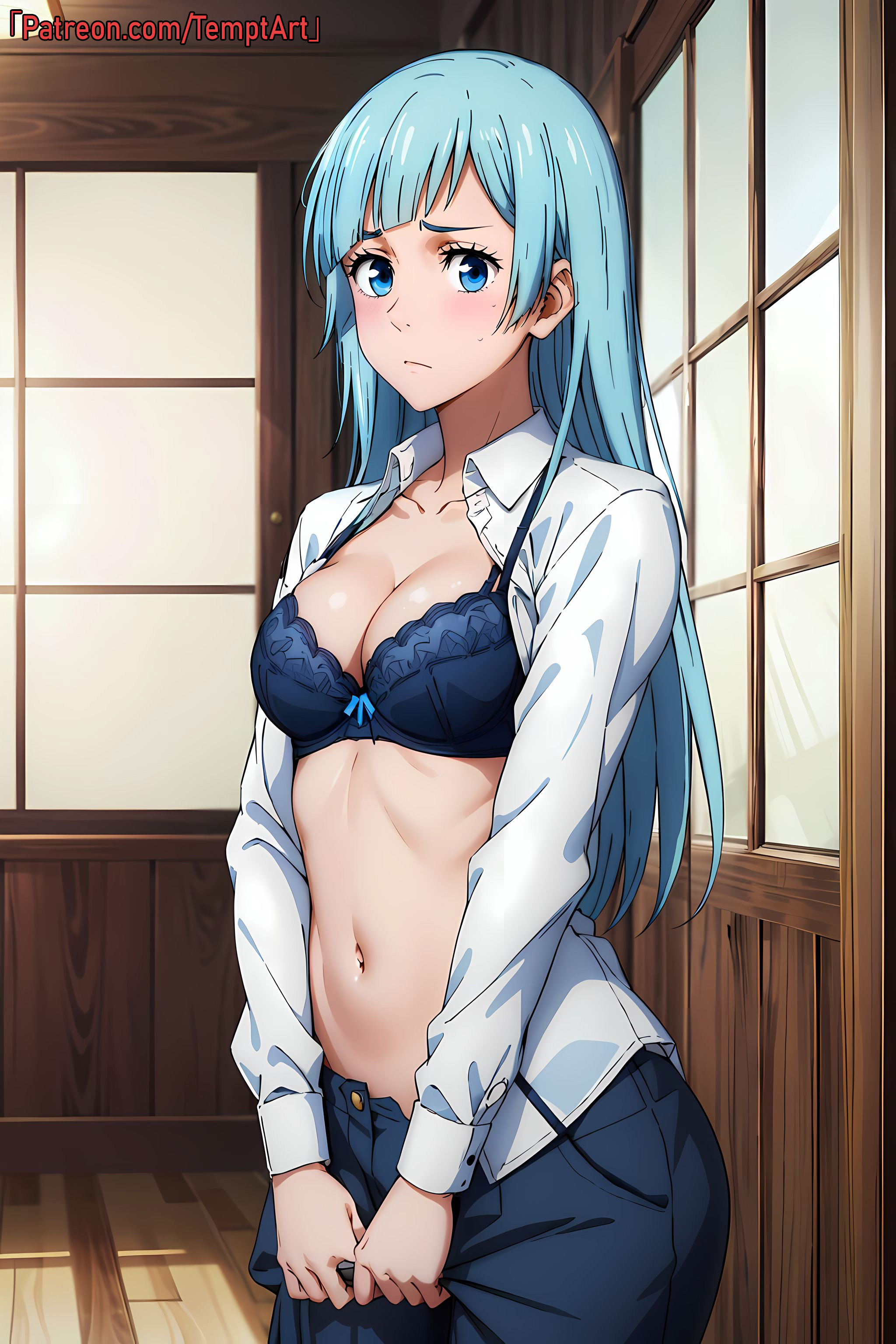 1girls, ai generated, blue hair, blue-haired female, blunt bangs, bra, breasts, curvaceous, curvy, curvy body, curvy figure, embarrassed, female, female focus, female only, jujutsu kaisen, kasumi miwa, light blue hair, light skin, light-skinned female, long hair, nai diffusion, open clothes, open shirt, paipan, pale skin, pale-skinned female, pants, shirt, shy, solo, solo focus, stable diffusion, temptart, underwear, url, watermark, web address