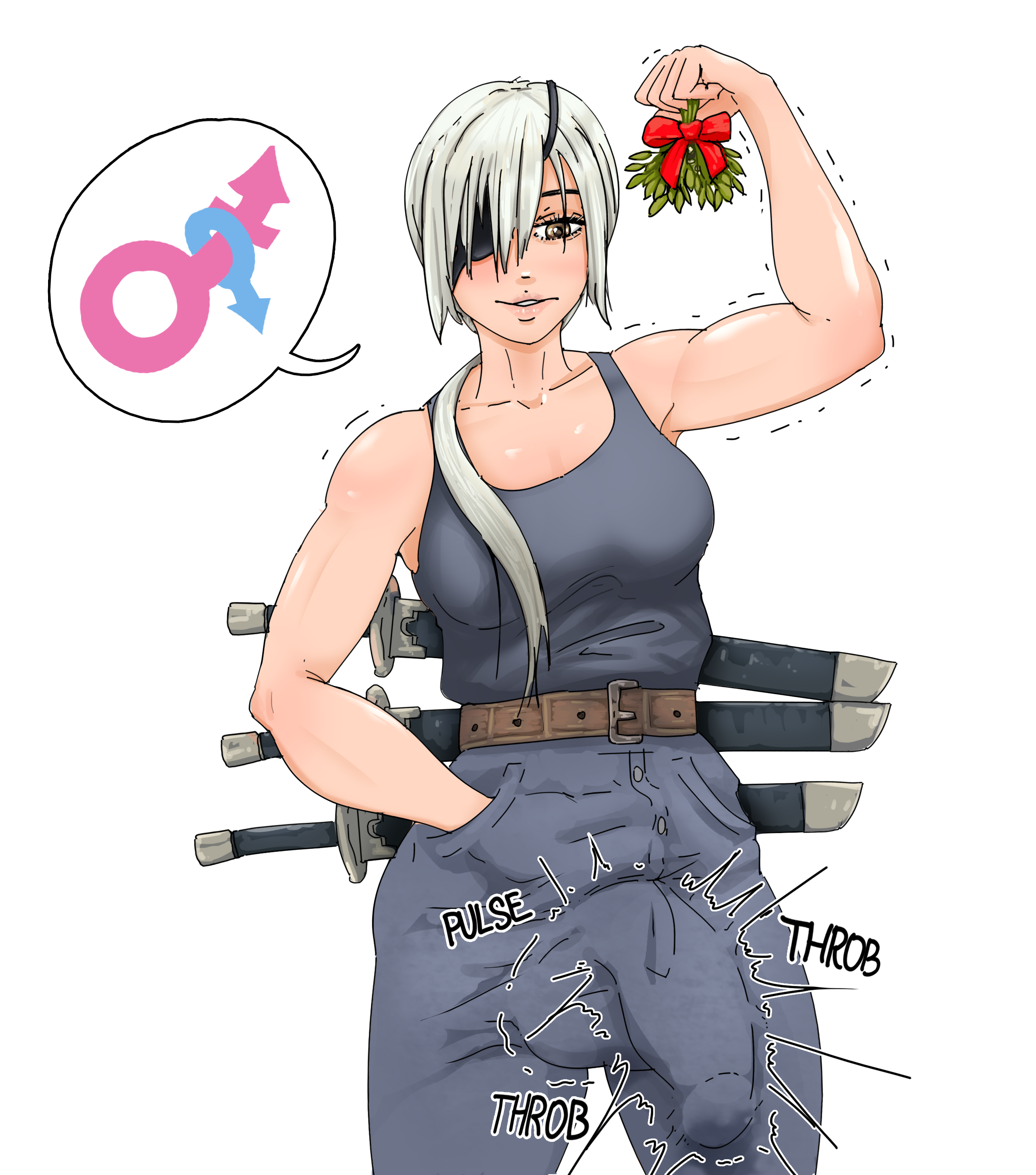 black shirt, bulge through clothing, erection under clothes, excessively horny, eyepatch, futa only, futadom, futanari, imminent rape, imminent sex, implied futa/male, implied intersex/male, intersex, orientation play, ponytail, quanxi (chainsaw man), seducing, seduction, silver hair