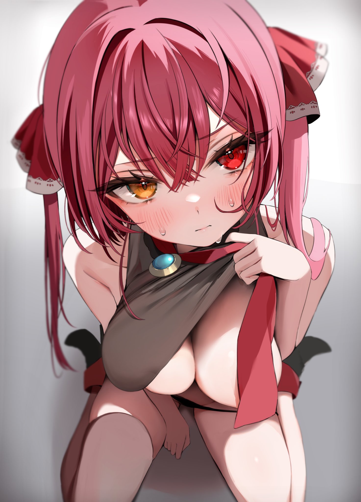 asymmetrical legwear, blush, breasts, embarrassed, female, high-angle view, hololive, hololive fantasy, hololive japan, houshou marine, huge breasts, looking away, presenting breasts, sitting, sweatdrop, virtual youtuber, wariza