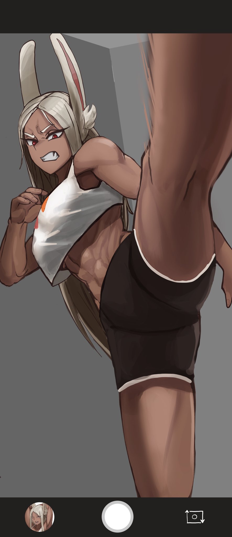 1girls abs angry bare_arms bare_legs bare_shoulders bare_thighs big_breasts bunny_ears bunny_girl clothed clothing color dark-skinned_female dark_skin female female_focus female_only hi_res kick kicking large_breasts long_hair looking_at_viewer miruko muscles muscular muscular_female my_hero_academia red_eyes rumi_usagiyama solo solo_female soolee040995 tagme thick_thighs white_hair